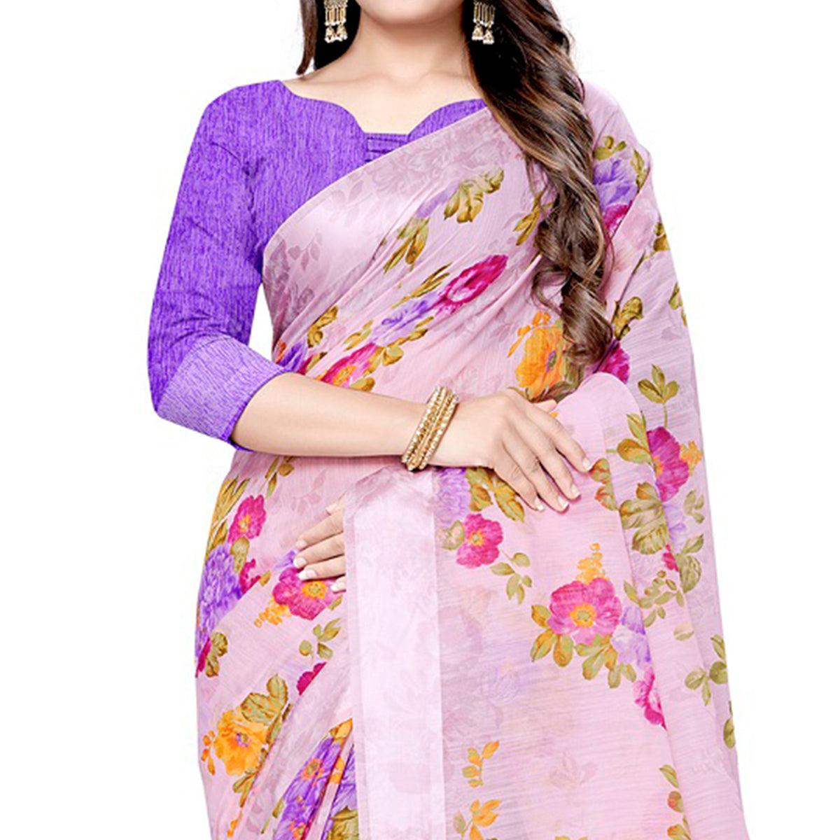 Blissful Pink Colored Casual Floral Printed Linen Saree - Peachmode