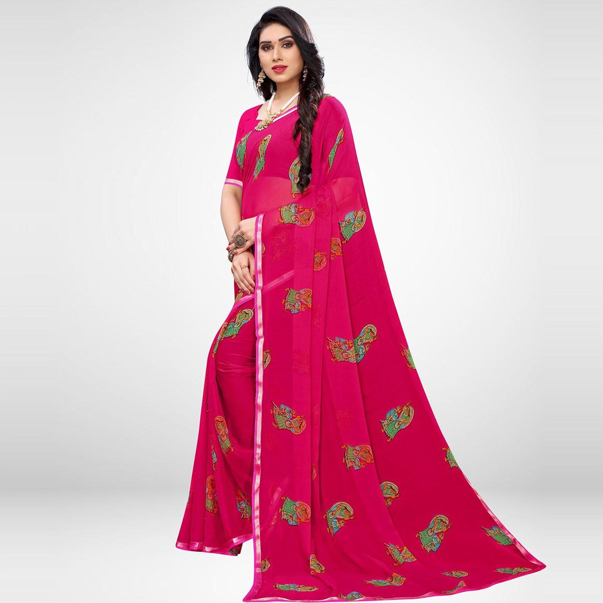 Blissful Pink Colored Casual Wear Printed Chiffon Saree - Peachmode