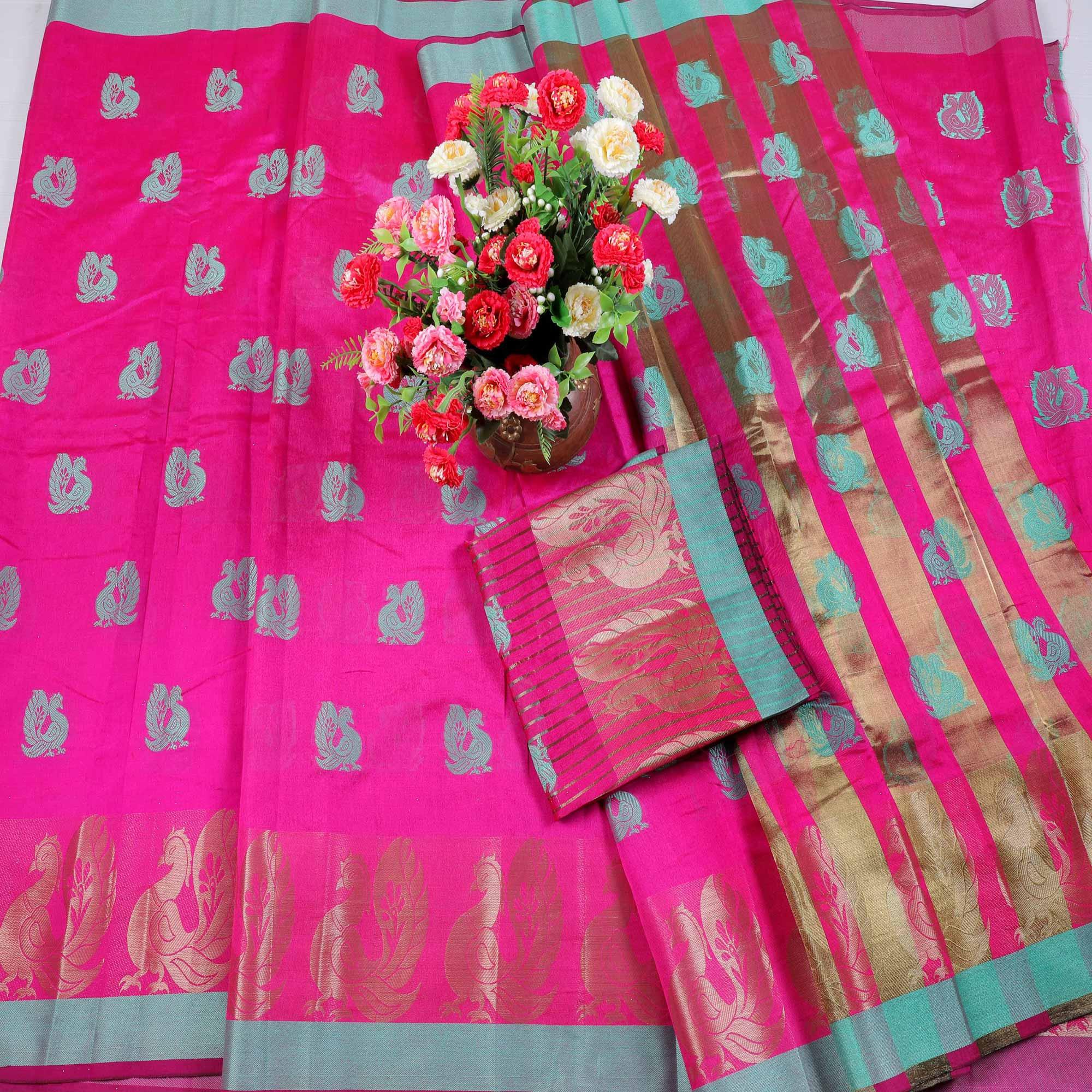 Blissful Pink Colored Festive Wear Woven Cotton Silk Saree - Peachmode