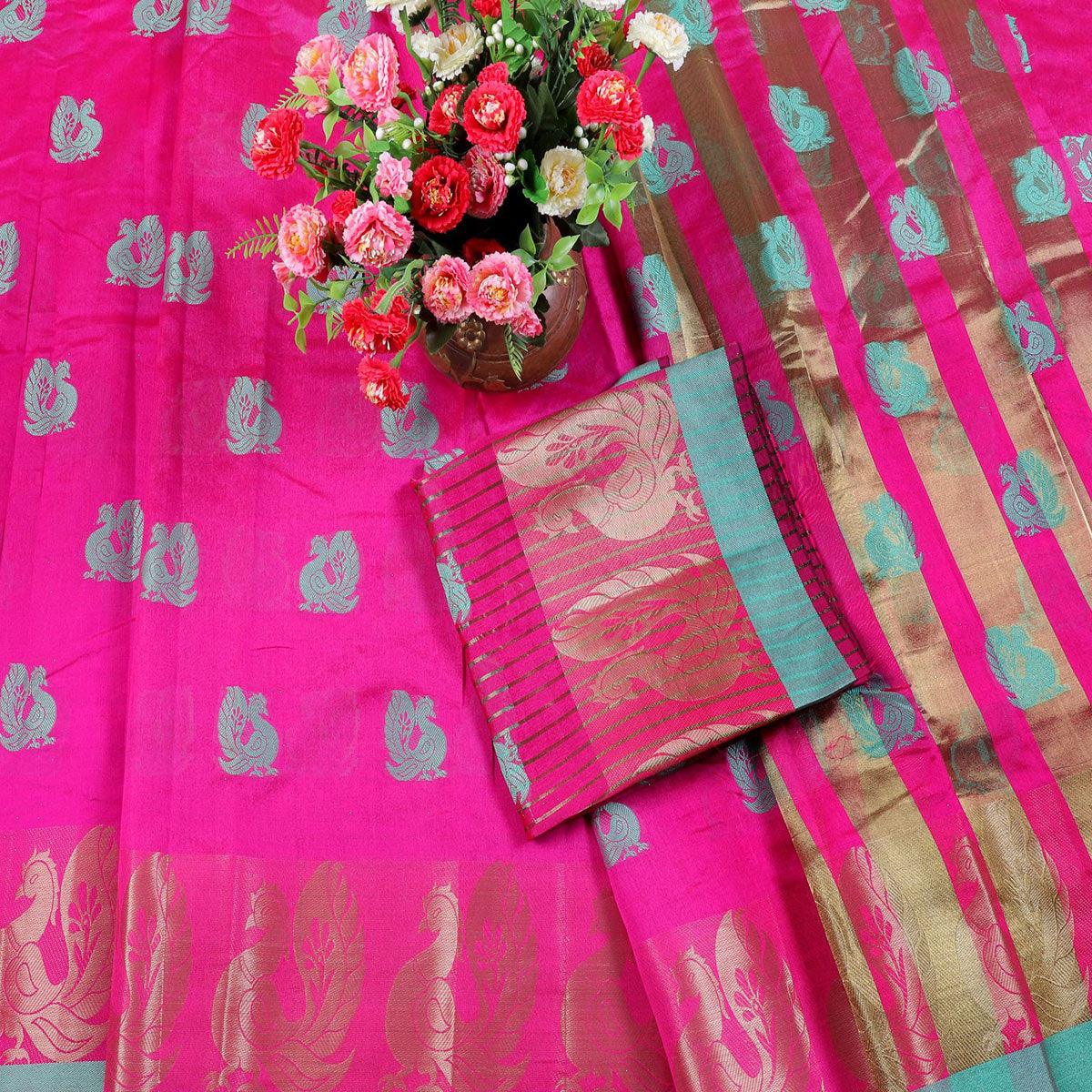Blissful Pink Colored Festive Wear Woven Cotton Silk Saree - Peachmode