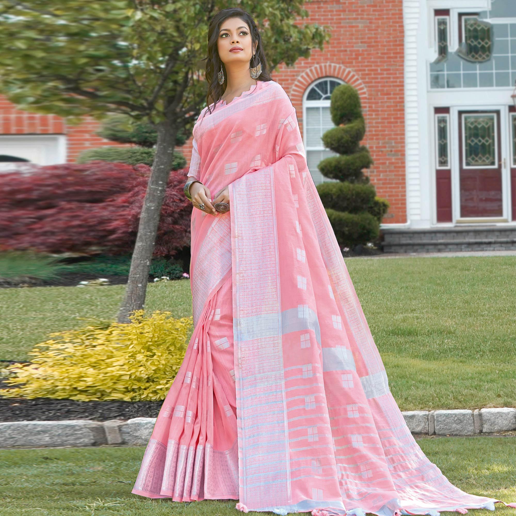 Blissful Pink Colored Festive Wear Woven Linen Cotton Sareee - Peachmode
