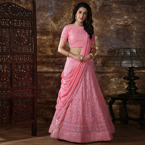 Blissful Pink Colored Partywear Embroidered Gerogette Lehenga Choli - Peachmode