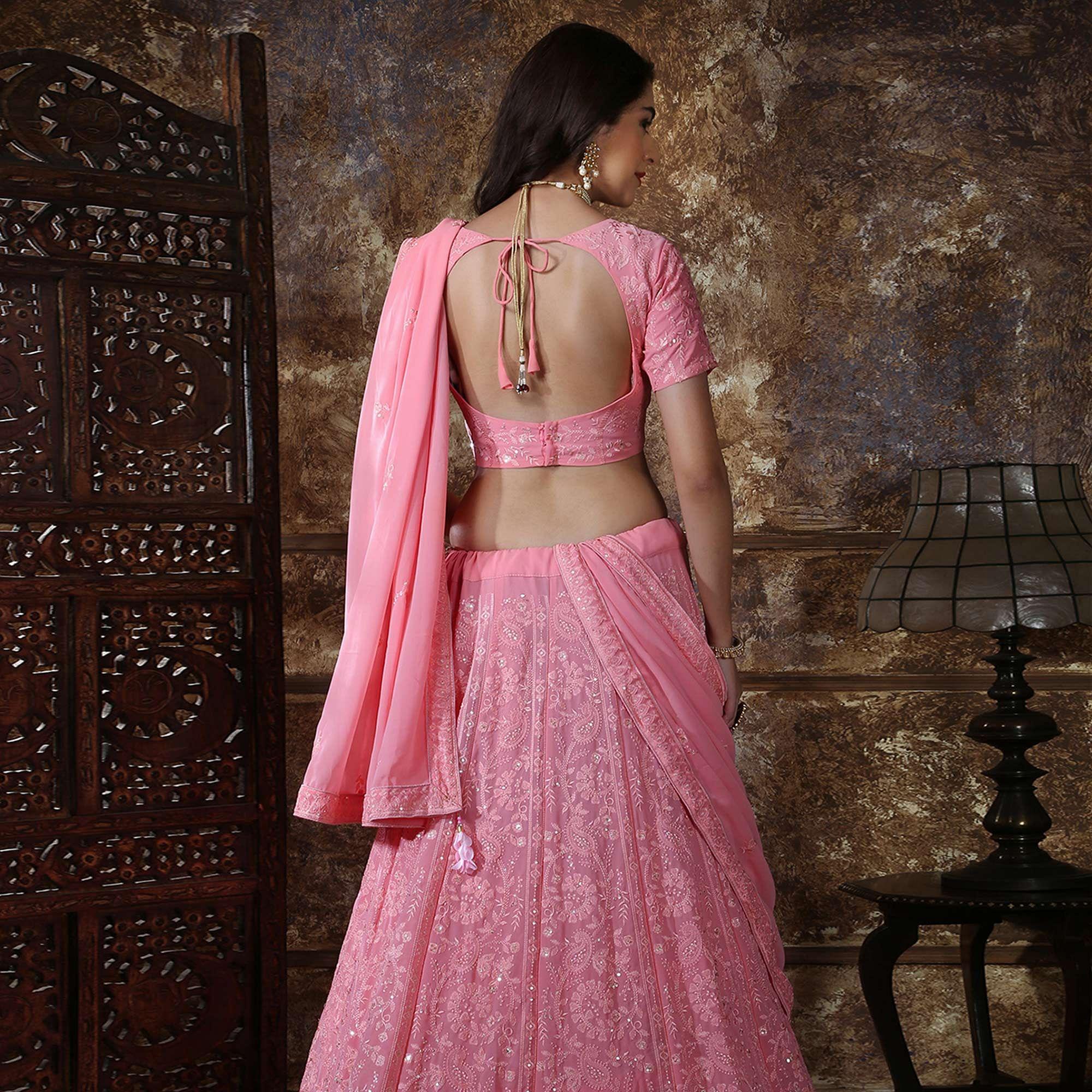 Blissful Pink Colored Partywear Embroidered Gerogette Lehenga Choli - Peachmode