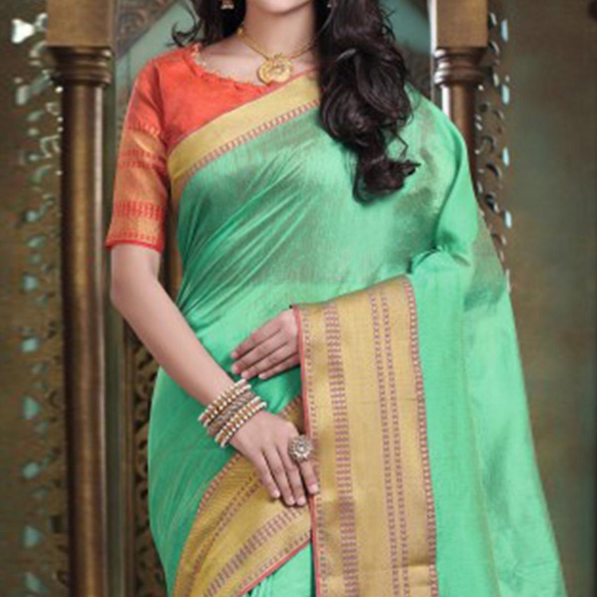 Blissful Pista Green Colored Festive Wear Woven Cotton Handloom Saree - Peachmode