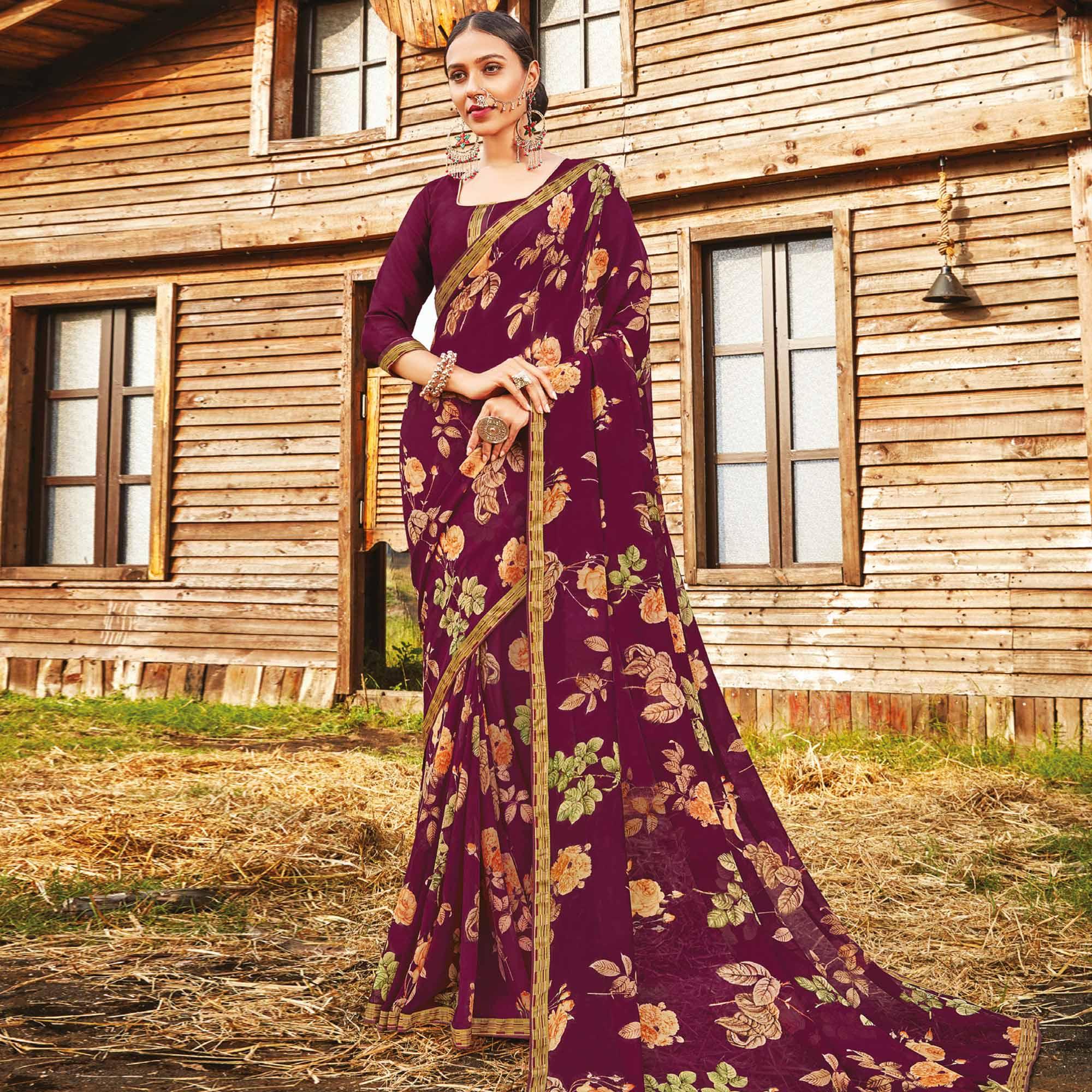 Blissful Purple Coloured Partywear Pure Georgette Floral Printed Saree With Fancy Lace Border - Peachmode