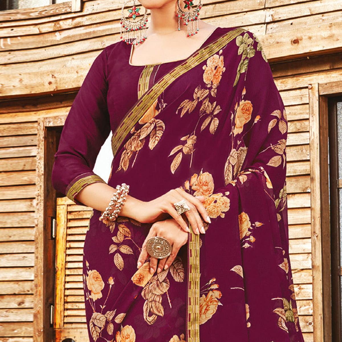 Blissful Purple Coloured Partywear Pure Georgette Floral Printed Saree With Fancy Lace Border - Peachmode