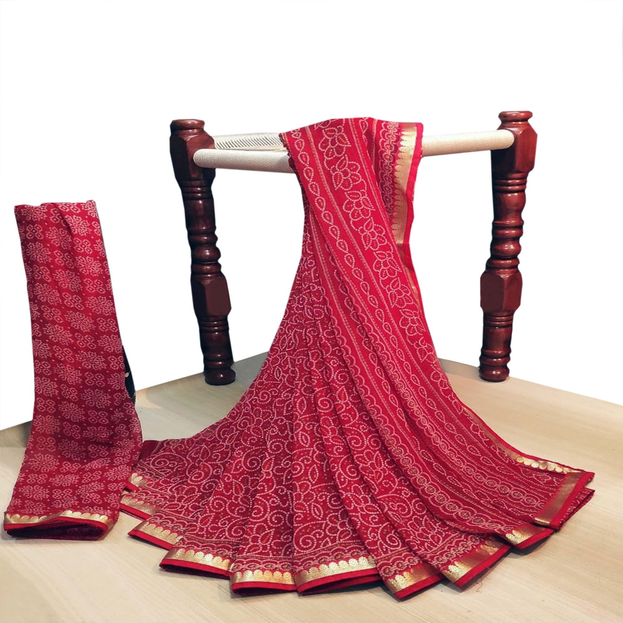 Blissful Red Colored Casual Wear Bandhani Printed Georgette Saree - Peachmode