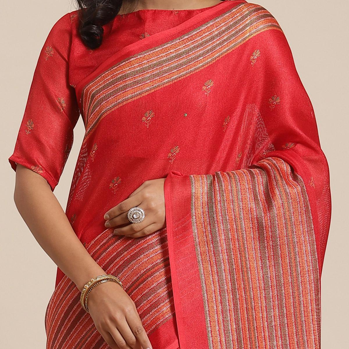 Blissful Red Colored Casual Wear Printed Jute Silk Saree - Peachmode