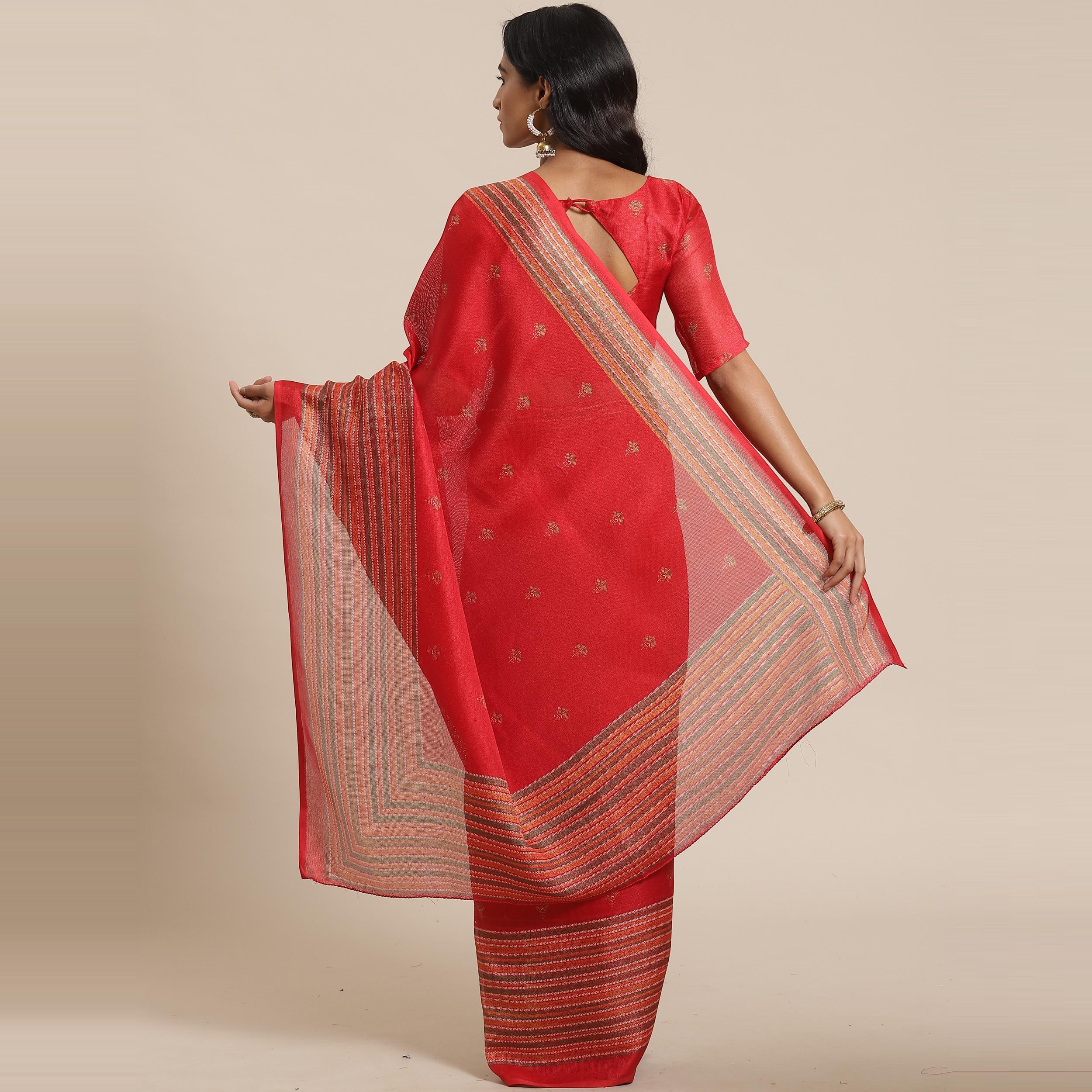 Blissful Red Colored Casual Wear Printed Jute Silk Saree - Peachmode