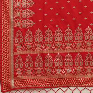 Blissful Red Colored Festive Wear Silk Blend Woven Floral Saree With Tassels - Peachmode