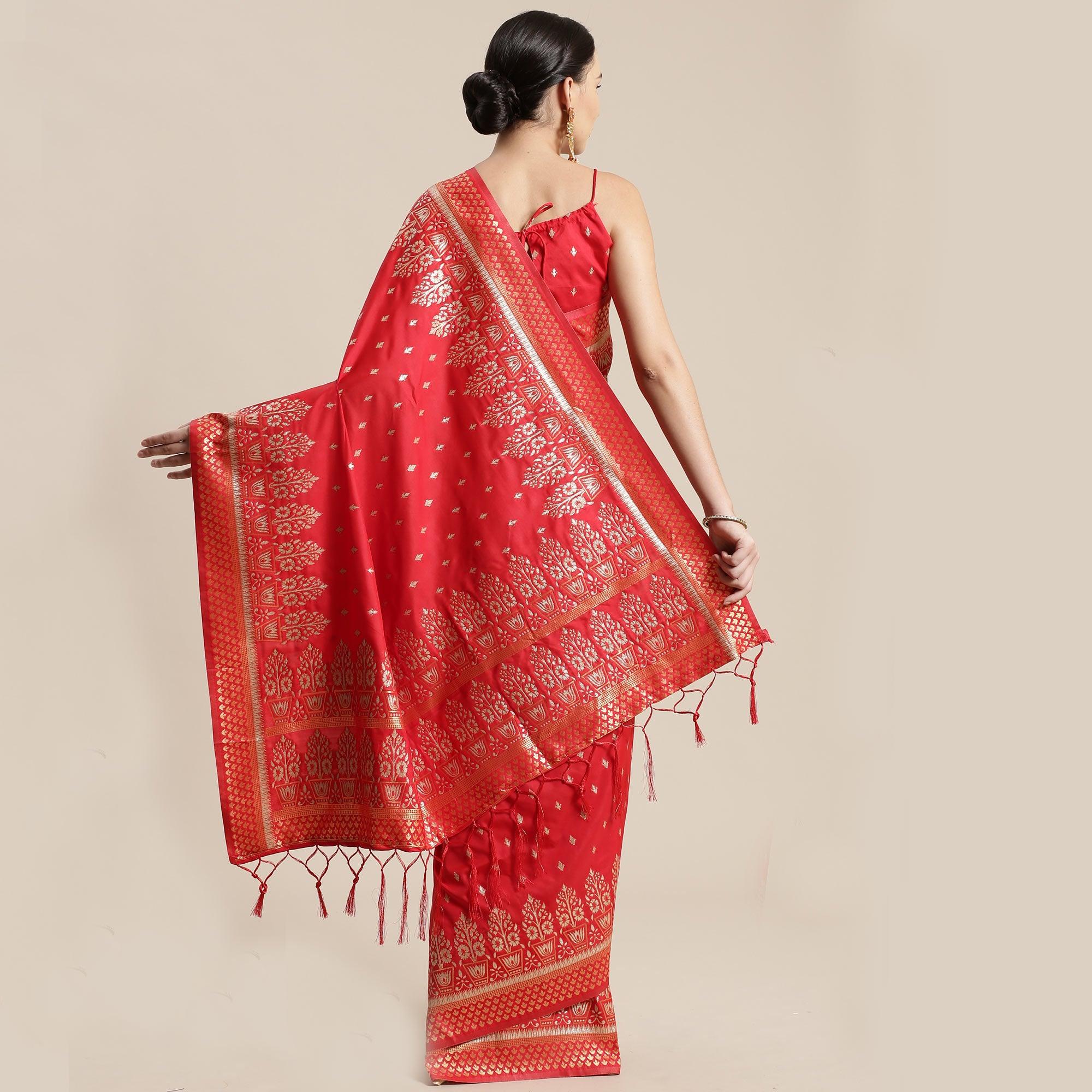 Blissful Red Colored Festive Wear Silk Blend Woven Floral Saree With Tassels - Peachmode
