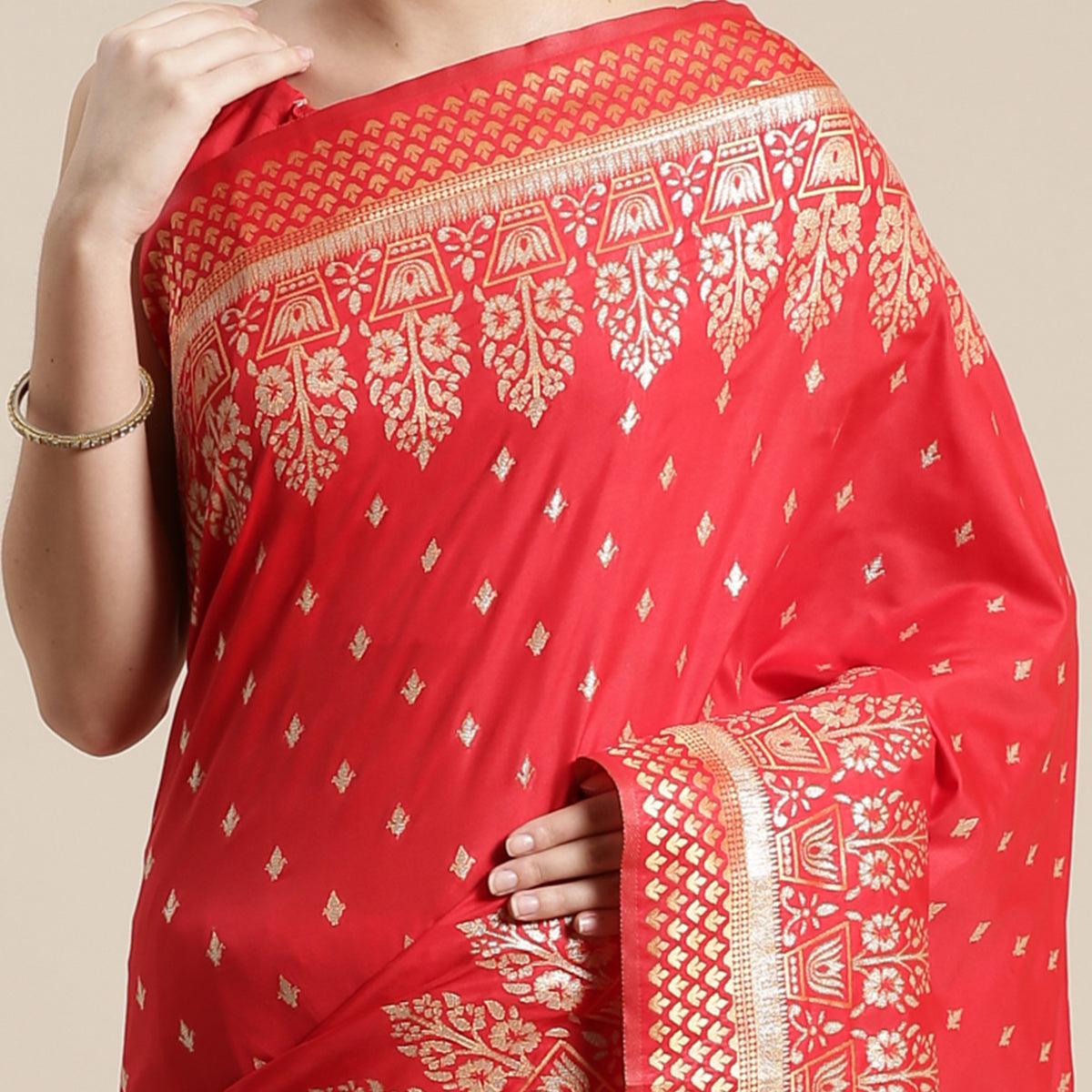 Blissful Red Colored Festive Wear Silk Blend Woven Floral Saree With Tassels - Peachmode