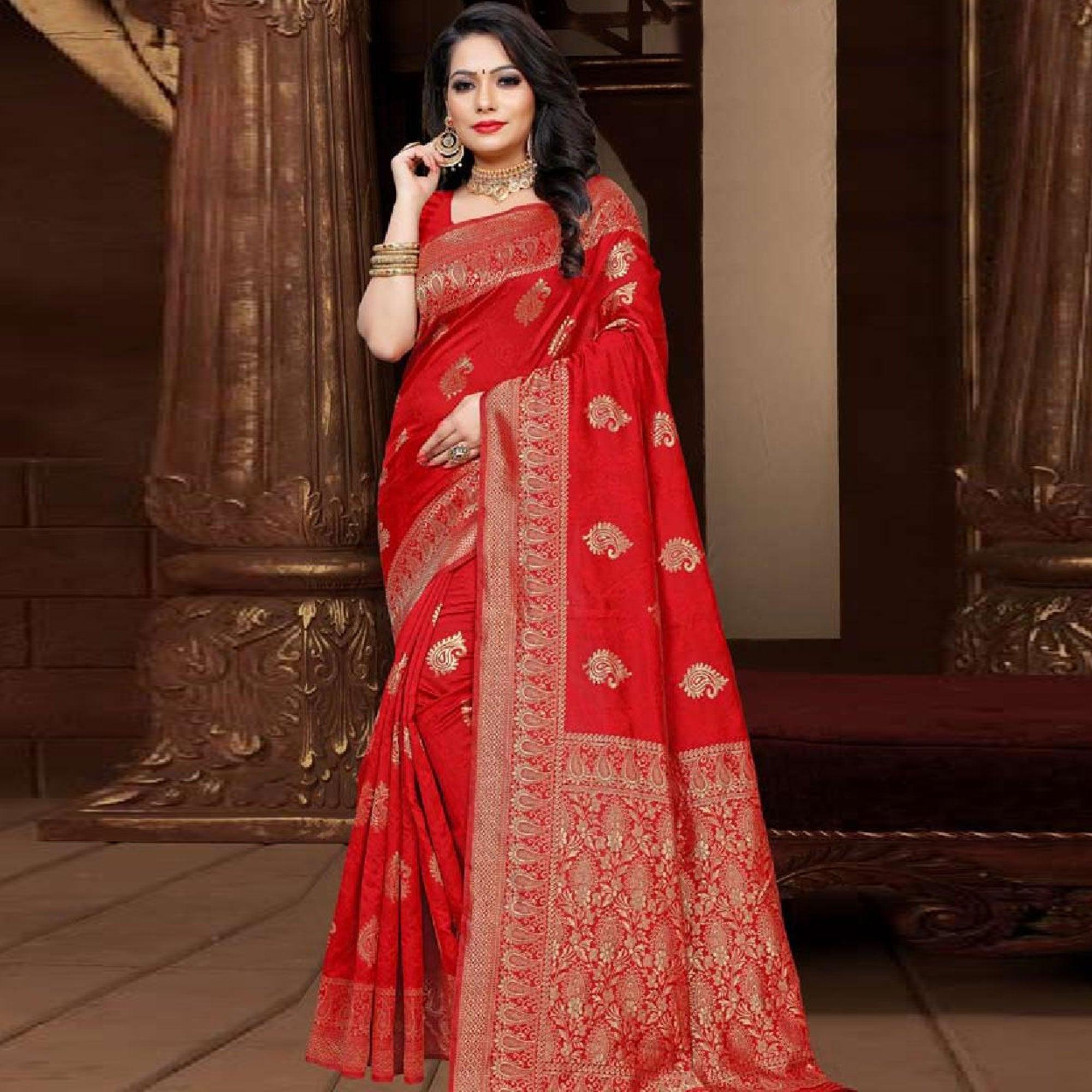 Blissful Red Colored Festive Wear Woven Art Silk Saree - Peachmode