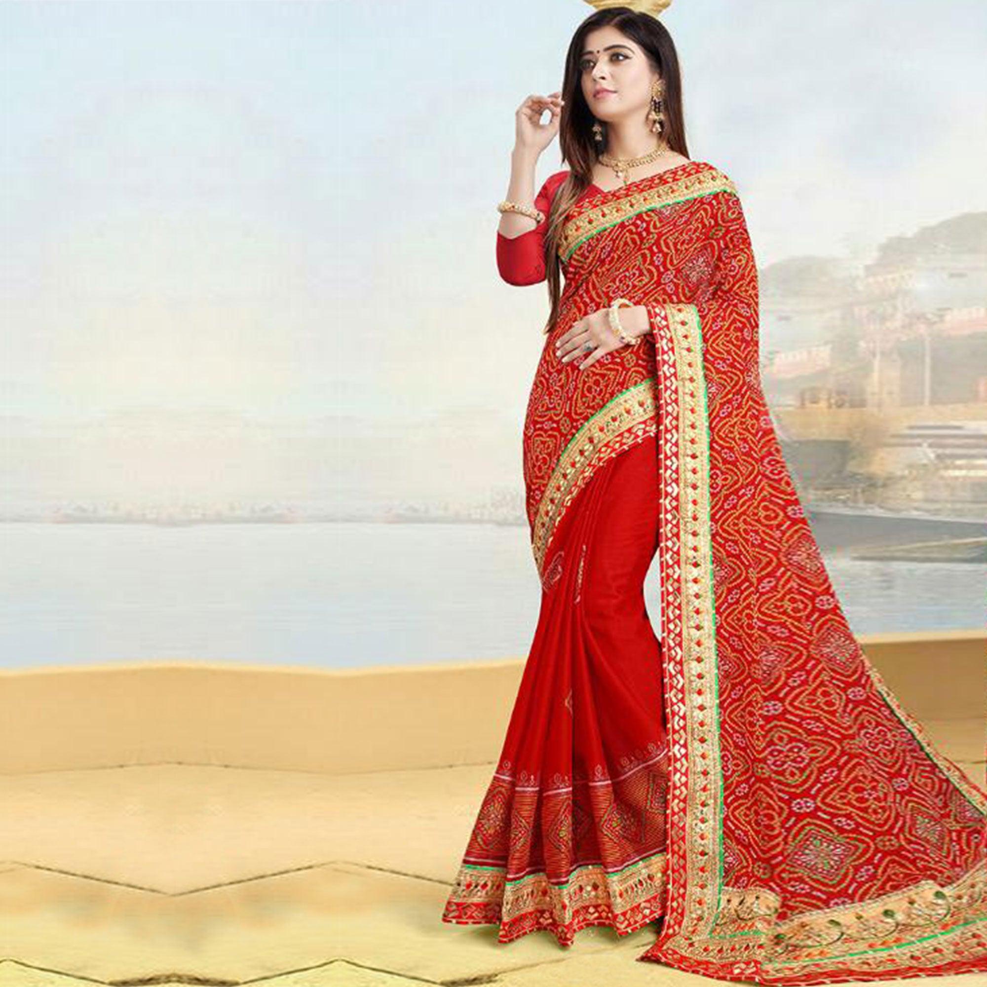Blissful Red Colored Festive Wear Zari Work Moss Chiffon Half-Half Saree - Peachmode