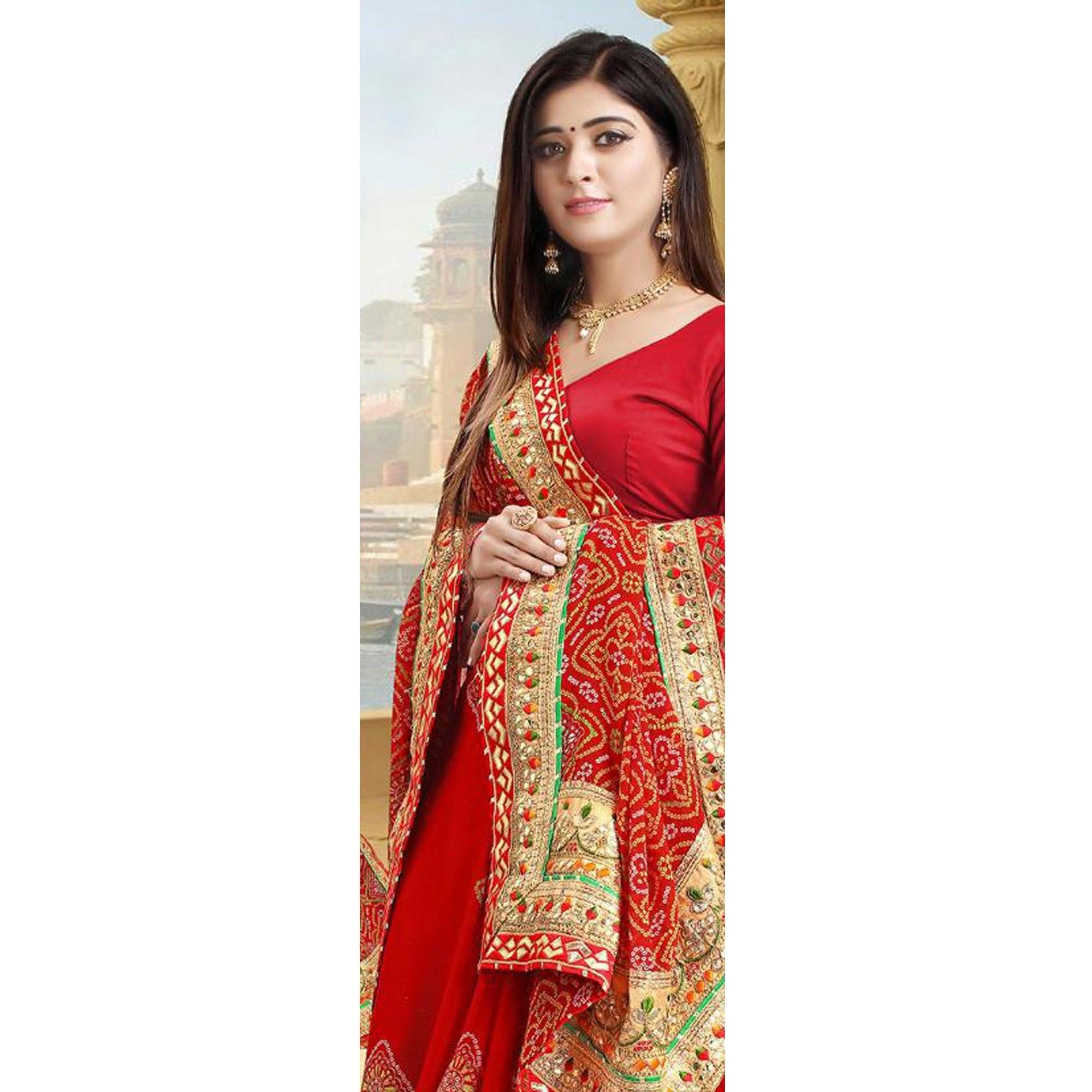 Blissful Red Colored Festive Wear Zari Work Moss Chiffon Half-Half Saree - Peachmode
