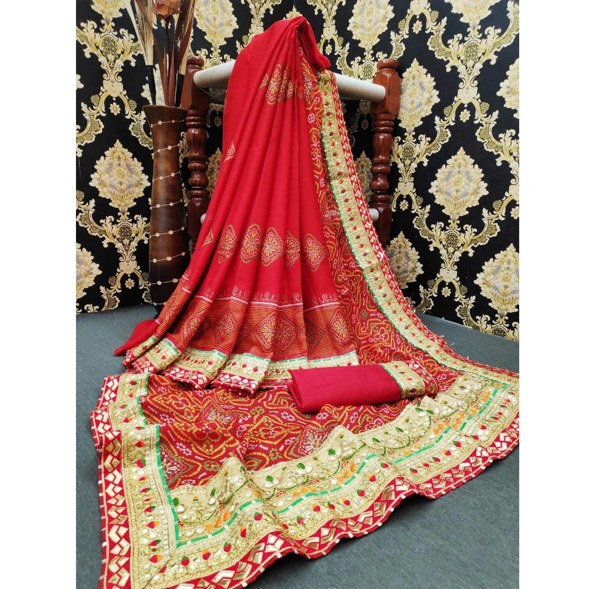 Blissful Red Colored Festive Wear Zari Work Moss Chiffon Half-Half Saree - Peachmode