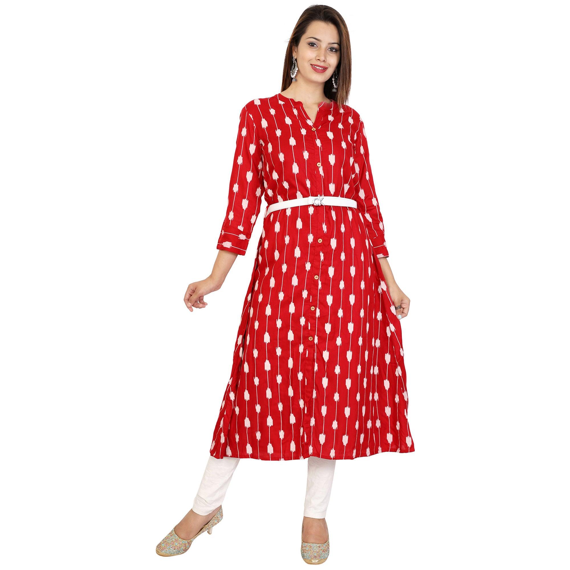 Blissful Red Colored Partywear Printed Rayon Kurti - Peachmode