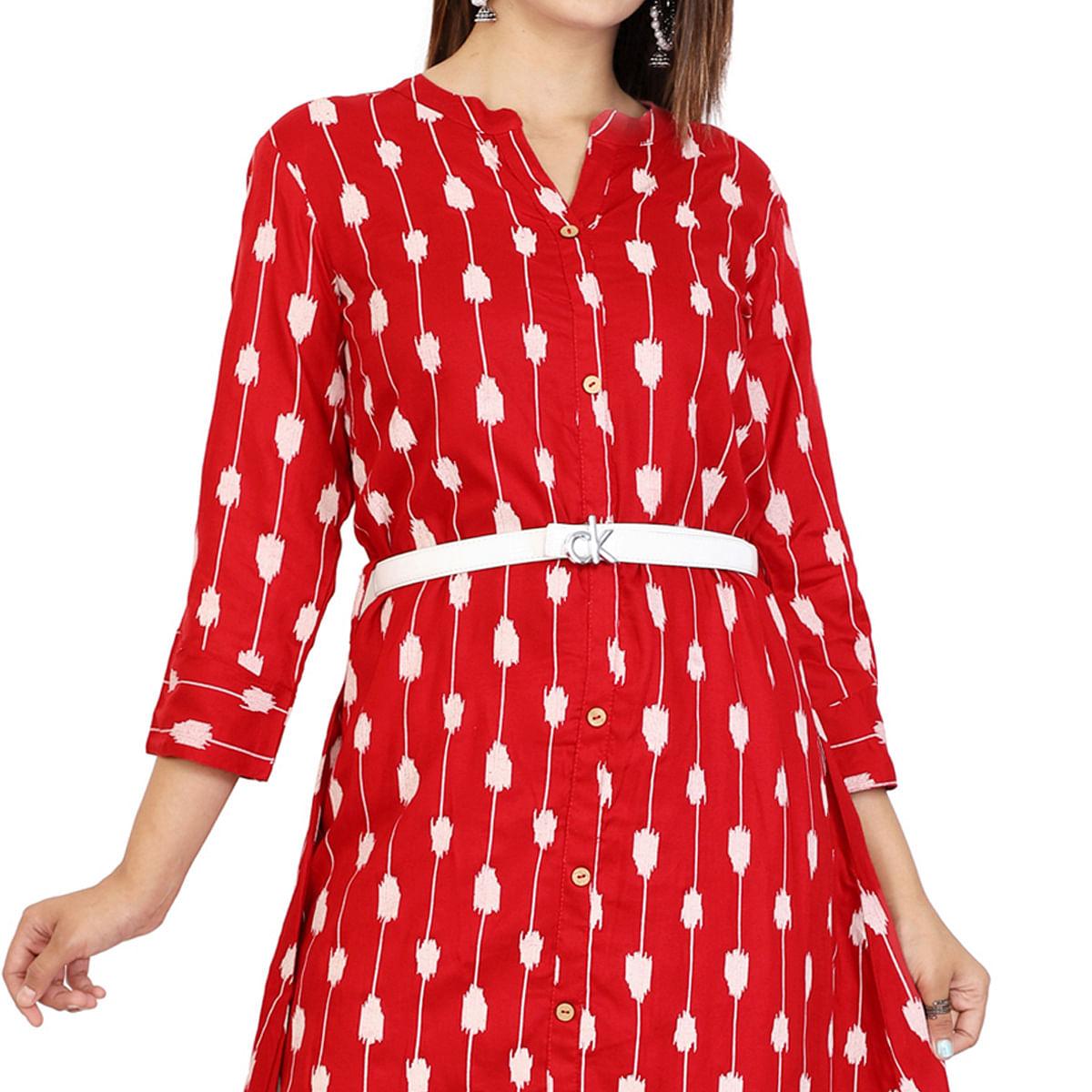 Blissful Red Colored Partywear Printed Rayon Kurti - Peachmode