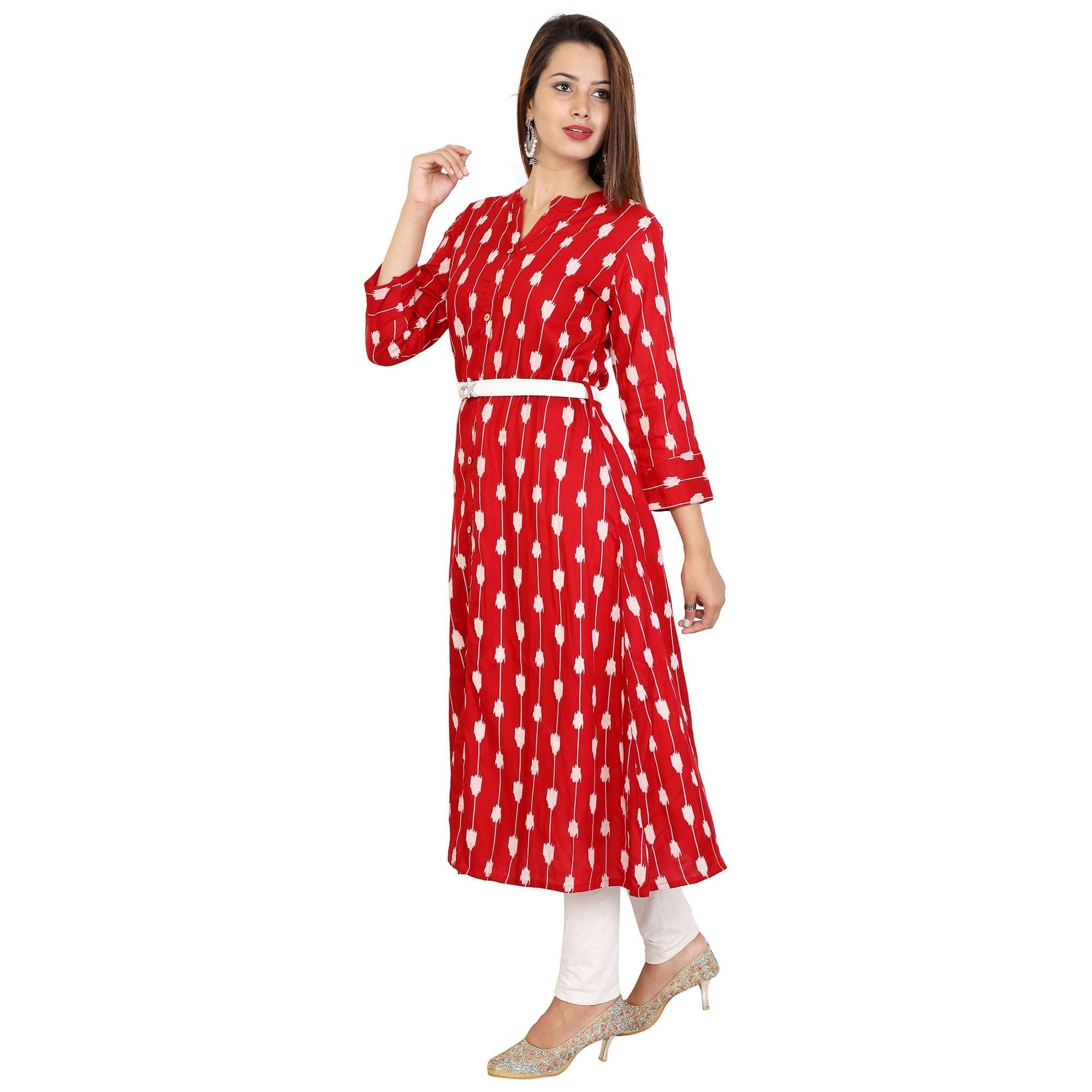Blissful Red Colored Partywear Printed Rayon Kurti - Peachmode