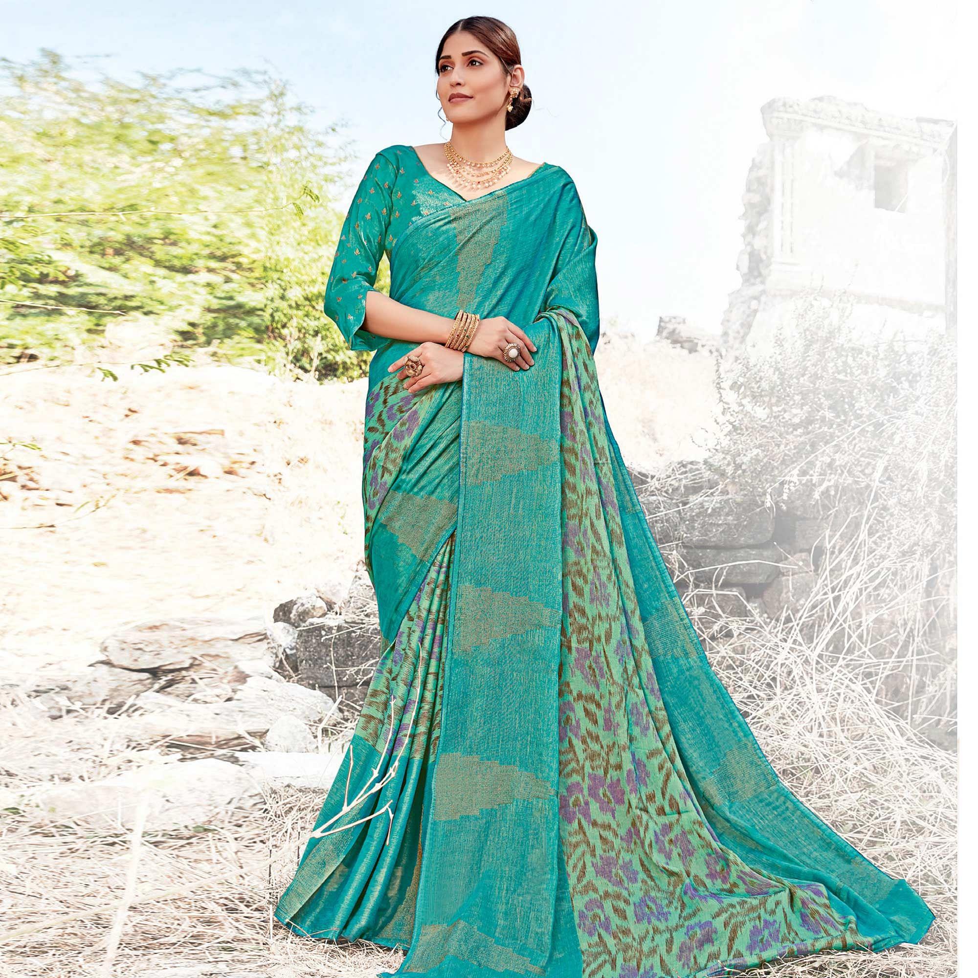 Blissful Sky Blue Coloured Partywear Printed Brasso Patta Saree - Peachmode