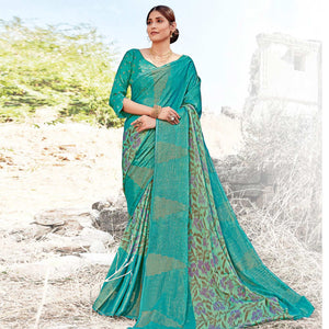 Blissful Sky Blue Coloured Partywear Printed Brasso Patta Saree - Peachmode