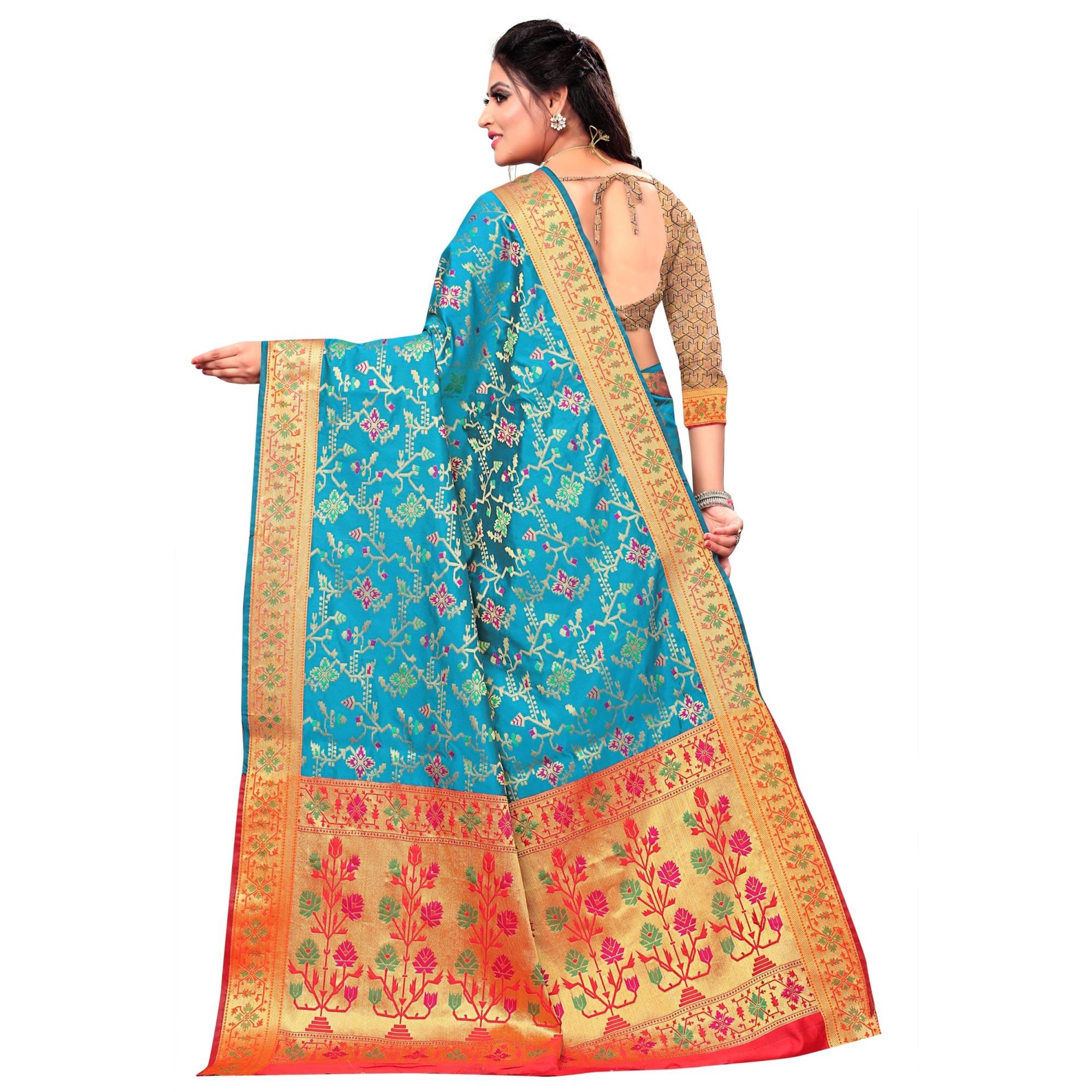 Blissful Turquoise Blue Colored Festive Wear Woven Silk Saree - Peachmode