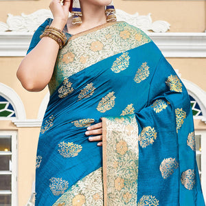 Blissful Turquoise Blue Colored Festive Wear Woven Silk Saree - Peachmode