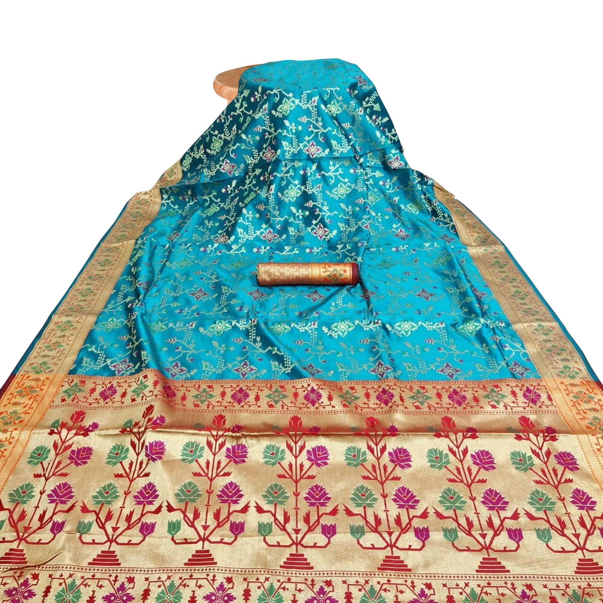 Blissful Turquoise Blue Colored Festive Wear Woven Silk Saree - Peachmode