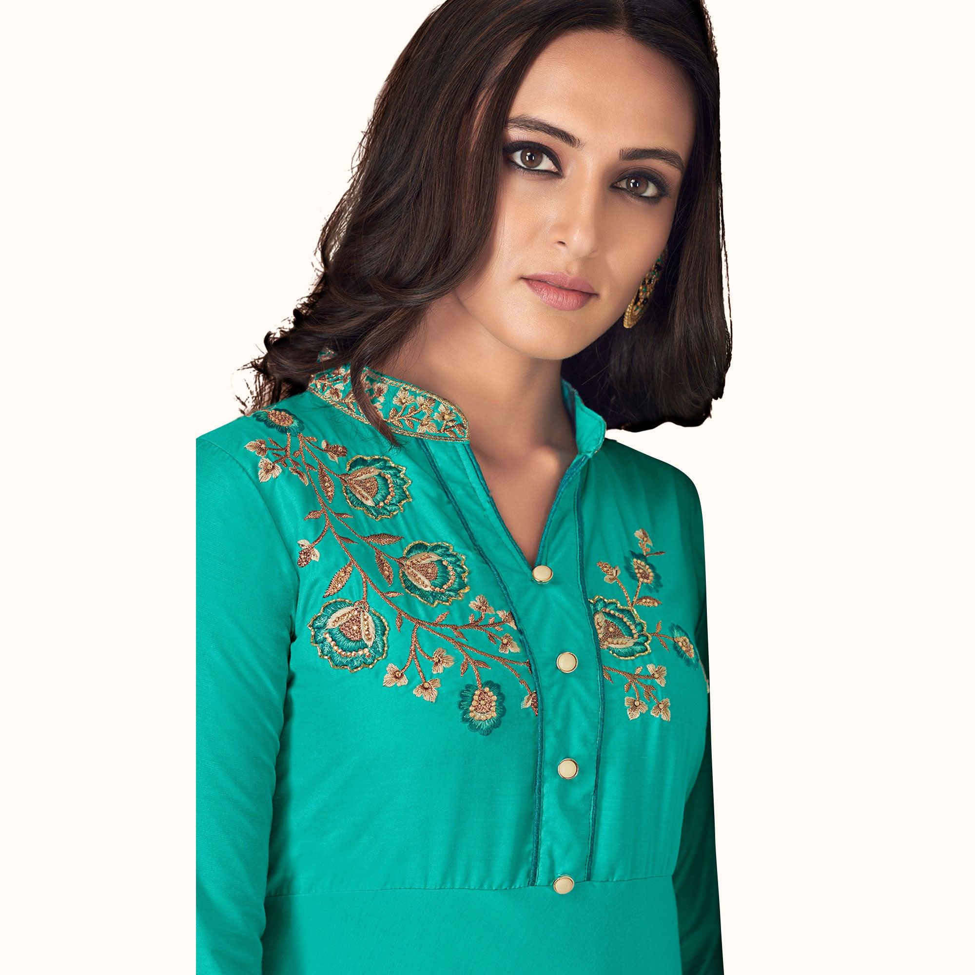 Blissful Turquoise Colored Partywear Embroidered Cotton Palazzo Suit - Peachmode