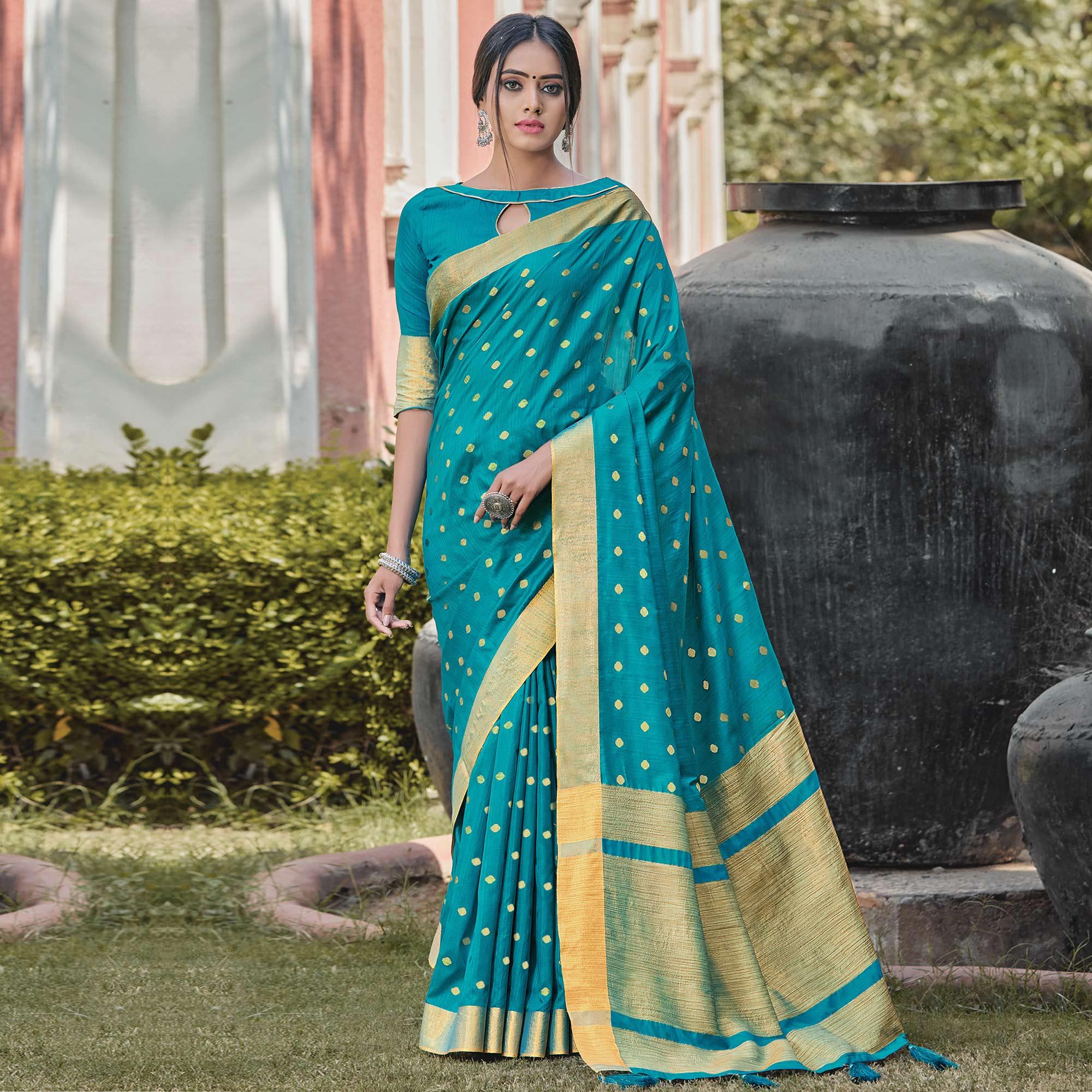 Blissful Turquoise Coloured Casual Wear Woven Handloom Silk Saree - Peachmode