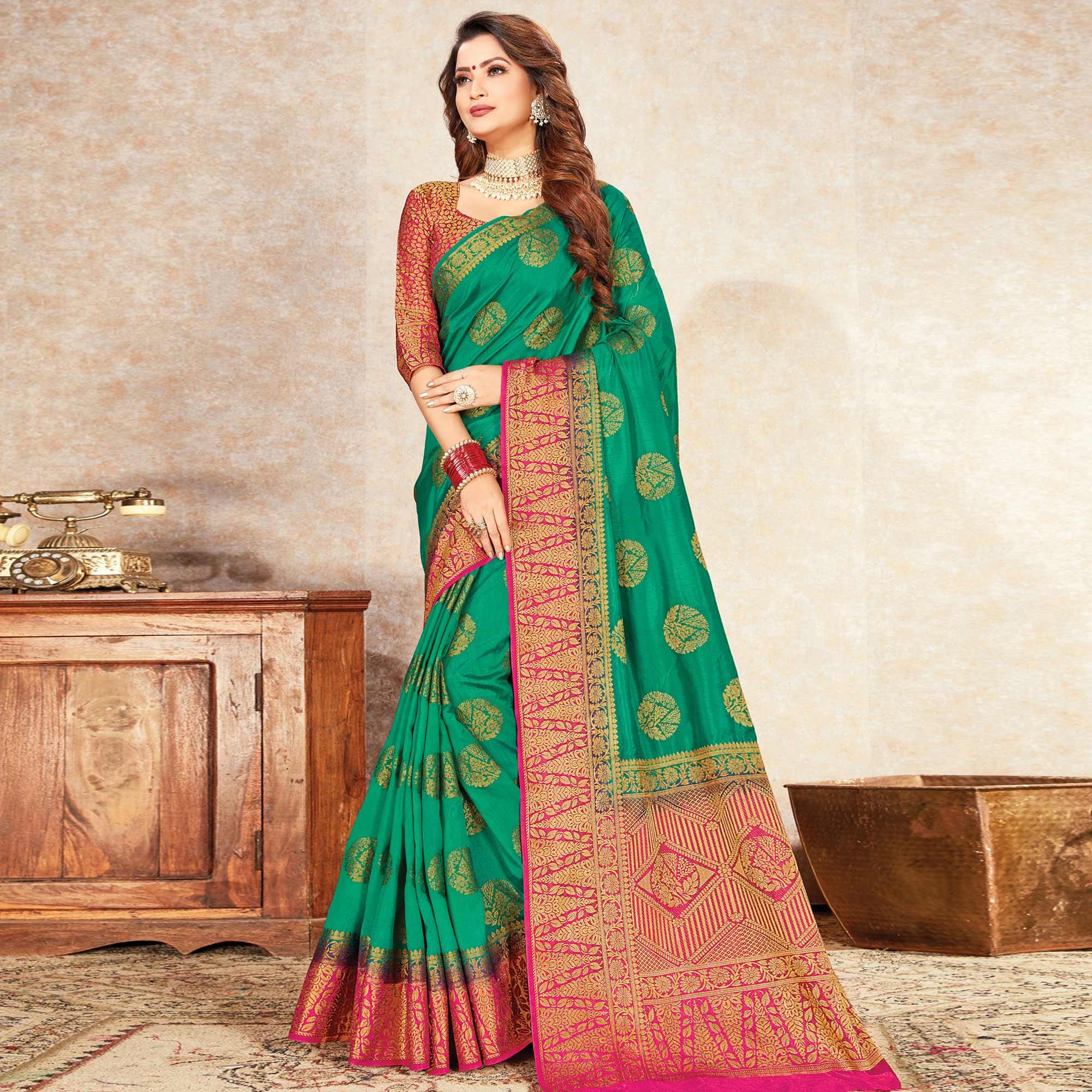 Blissful Turquoise Green Colored Festive Wear Woven Cotton Silk Saree - Peachmode