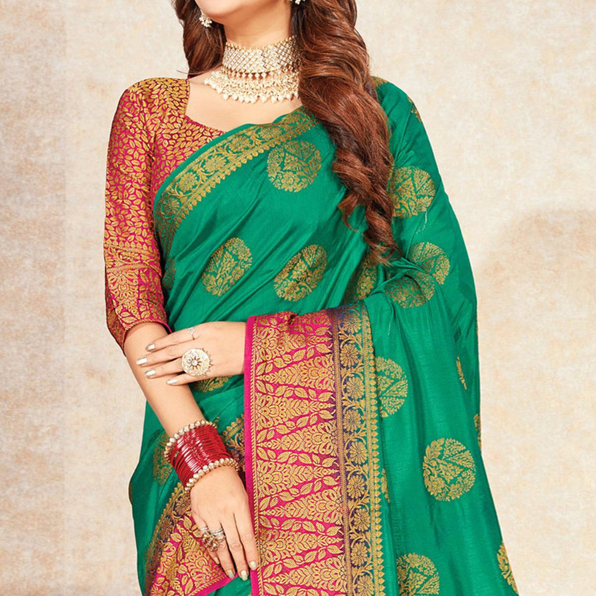 Blissful Turquoise Green Colored Festive Wear Woven Cotton Silk Saree - Peachmode