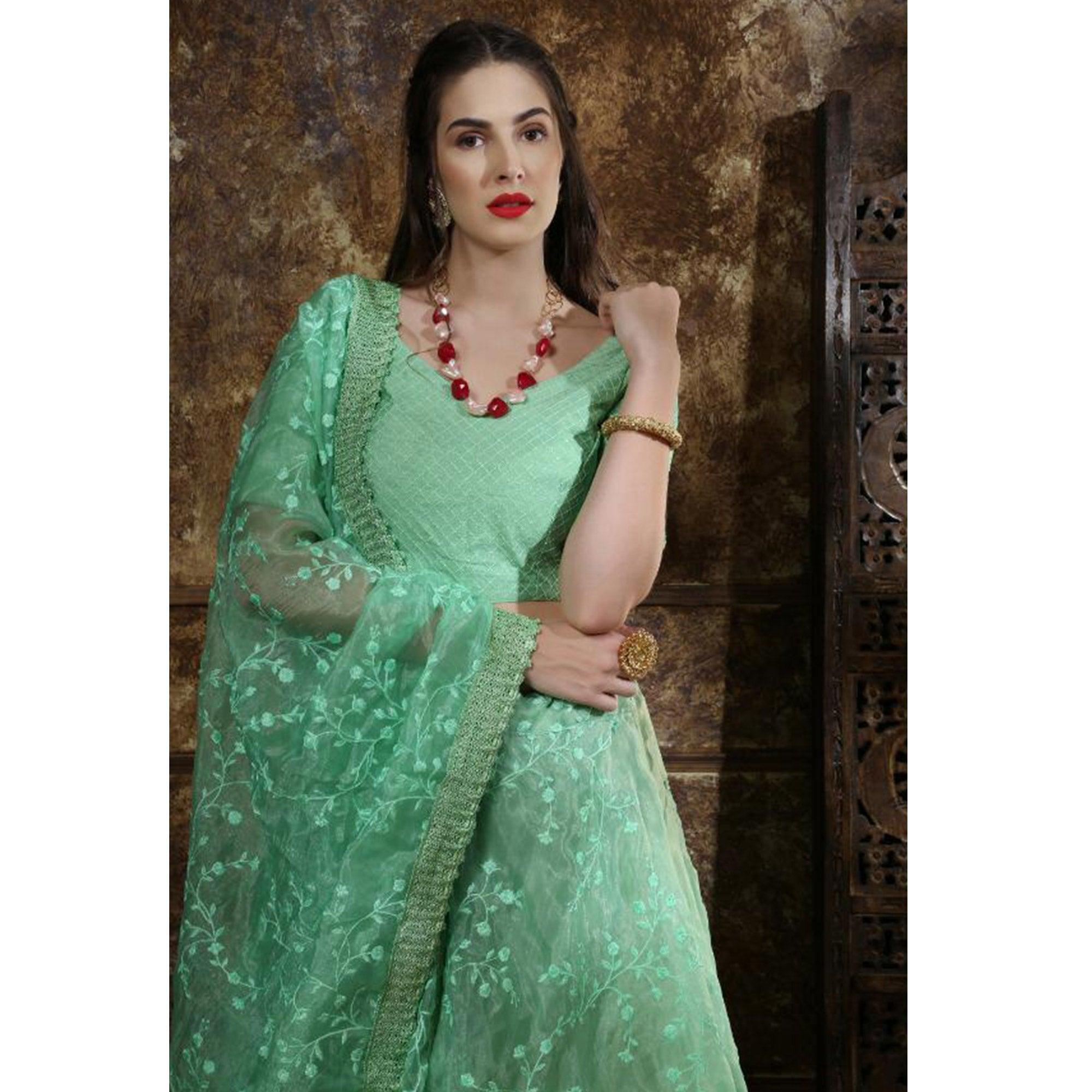Blissful Turquoise Green Colored Partywear Embroidered Organza Lehenga Choli - Peachmode