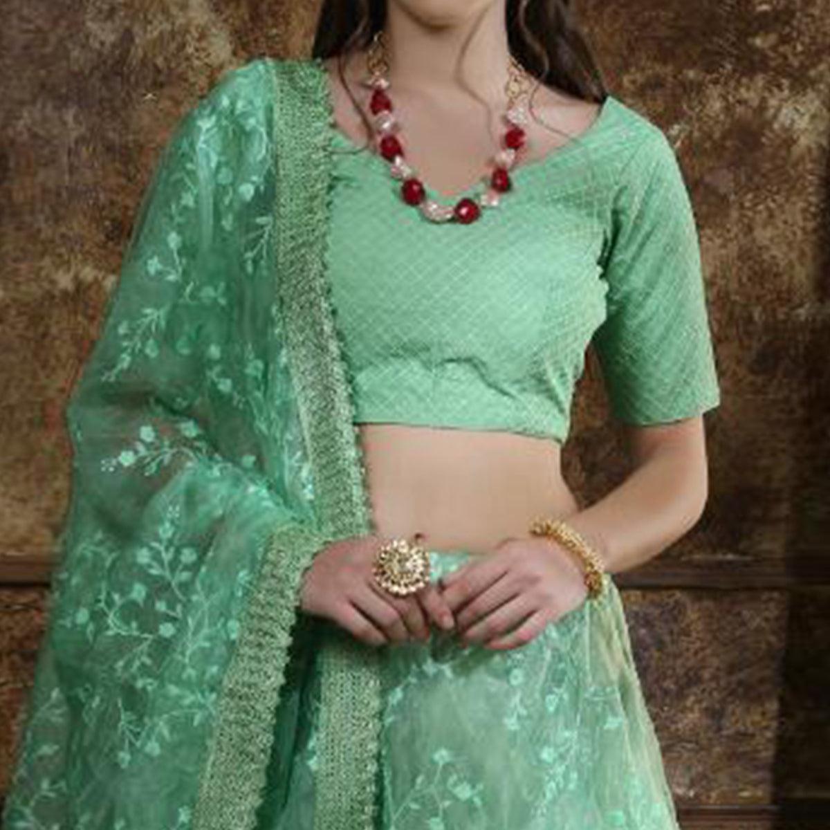 Blissful Turquoise Green Colored Partywear Embroidered Organza Lehenga Choli - Peachmode