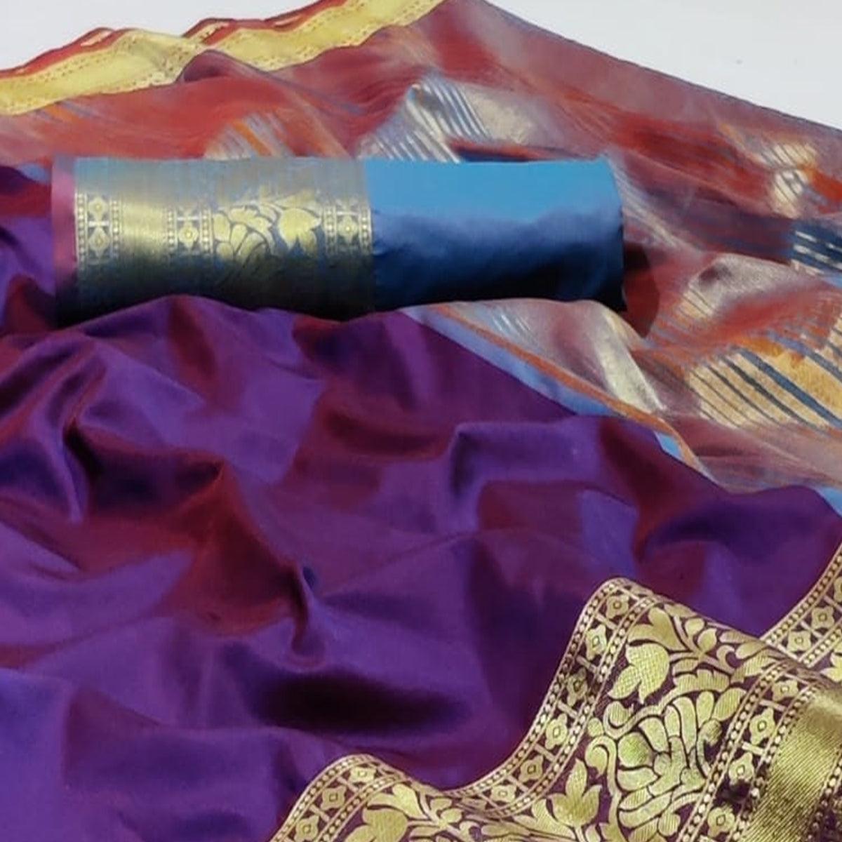 Blissful Violet Colored Festive Wear Woven Silk Saree - Peachmode