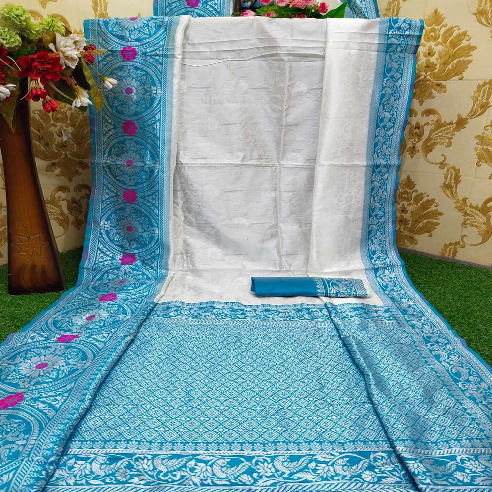 Blissful White - Firozi Colored Festive Wear Woven Pure Heavy Banarasi Silk Saree - Peachmode