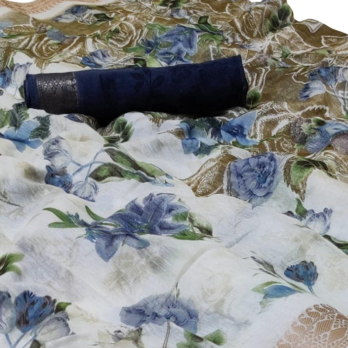 Blissful White-Navy Blue Colored Casual Floral Printed Cotton Saree - Peachmode