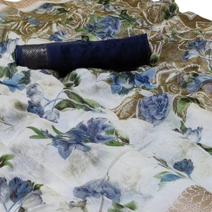 Blissful White-Navy Blue Colored Casual Floral Printed Cotton Saree - Peachmode