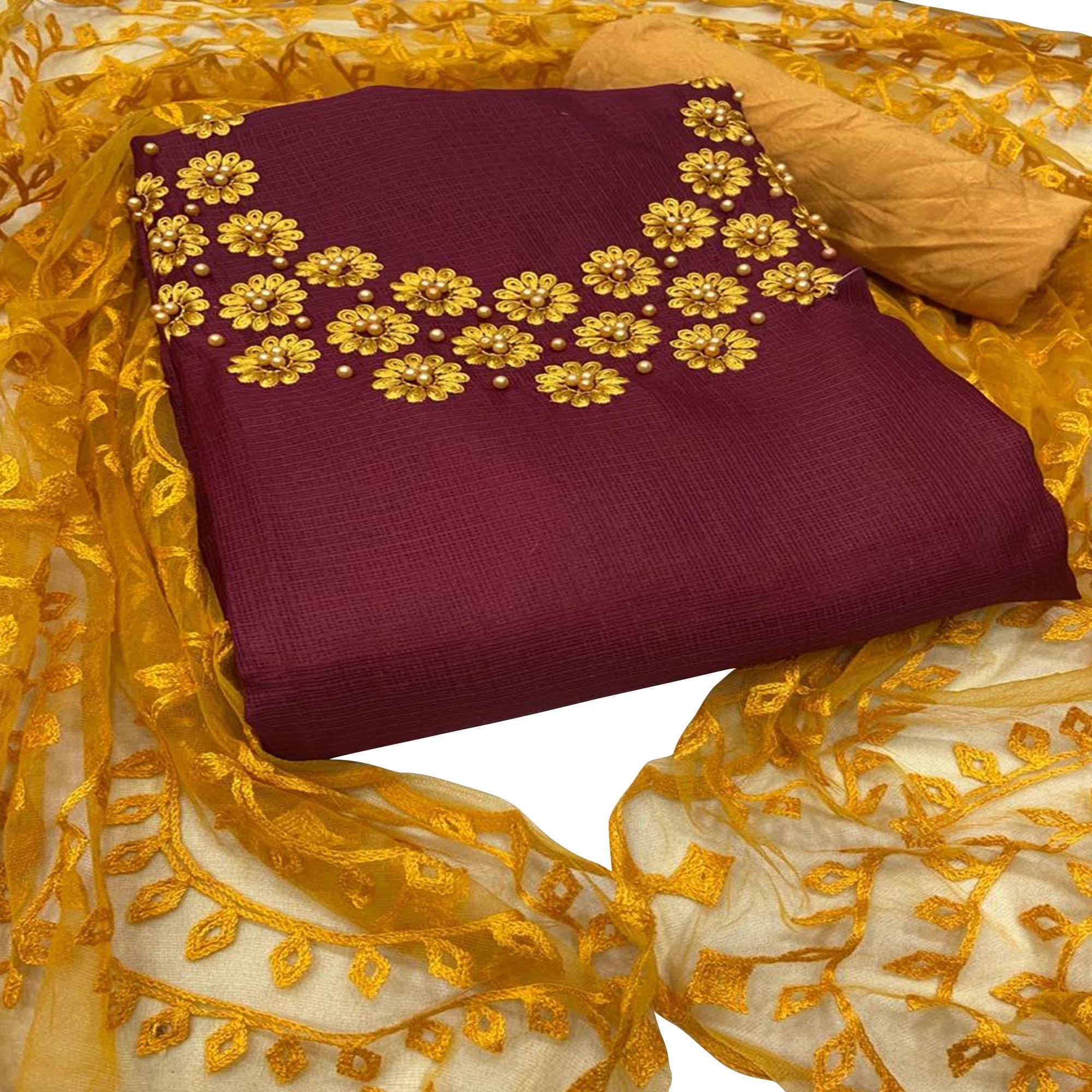 Blissful Wine Colored Casual Wear Embroidered Kota Silk Dress Material - Peachmode