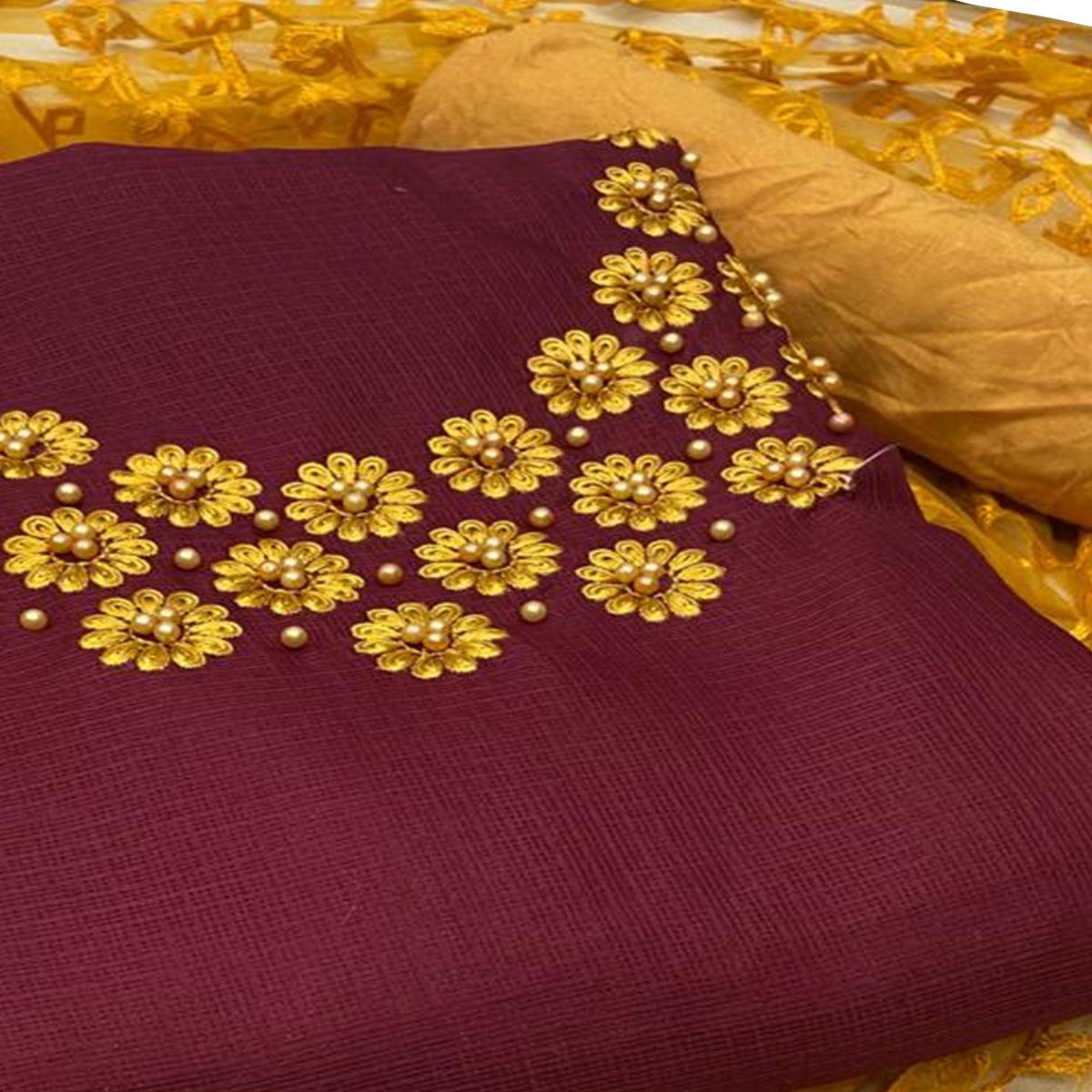 Blissful Wine Colored Casual Wear Embroidered Kota Silk Dress Material - Peachmode