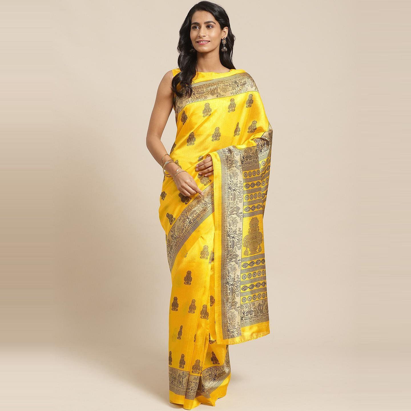Blissful Yellow Colored Casual Wear Printed Silk Blend Saree - Peachmode