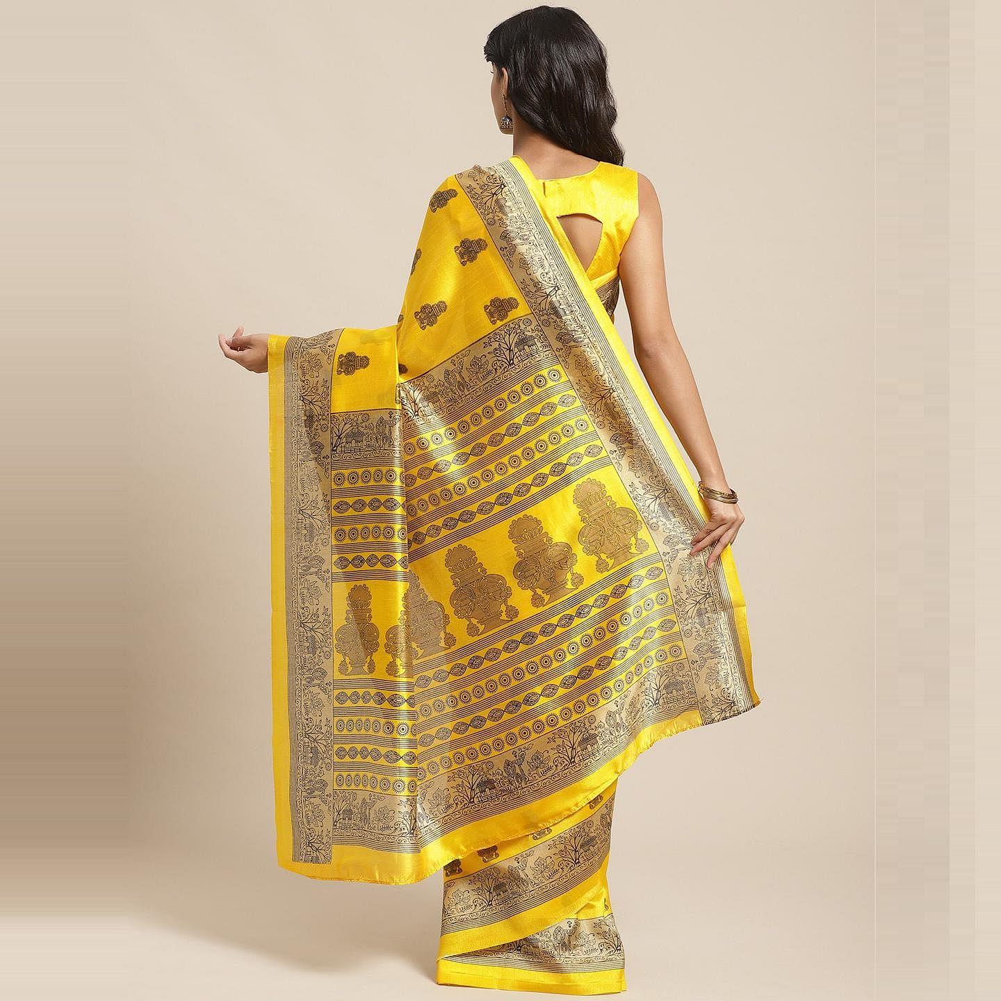 Blissful Yellow Colored Casual Wear Printed Silk Blend Saree - Peachmode