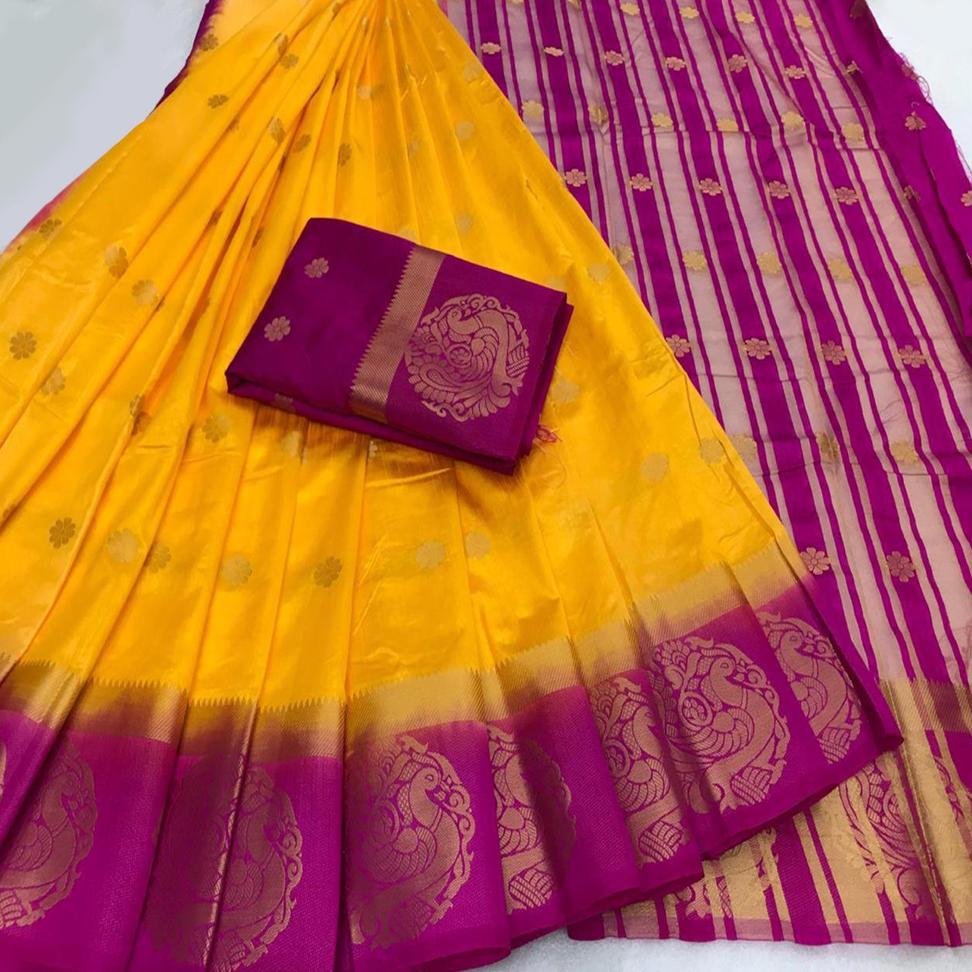 Blissful Yellow Colored Festive Wear Woven Art Silk Saree - Peachmode