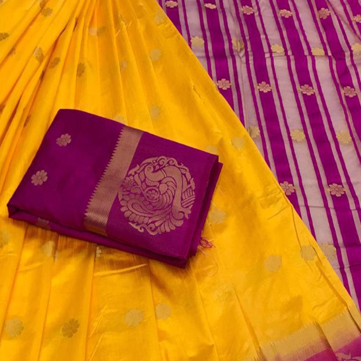 Blissful Yellow Colored Festive Wear Woven Art Silk Saree - Peachmode