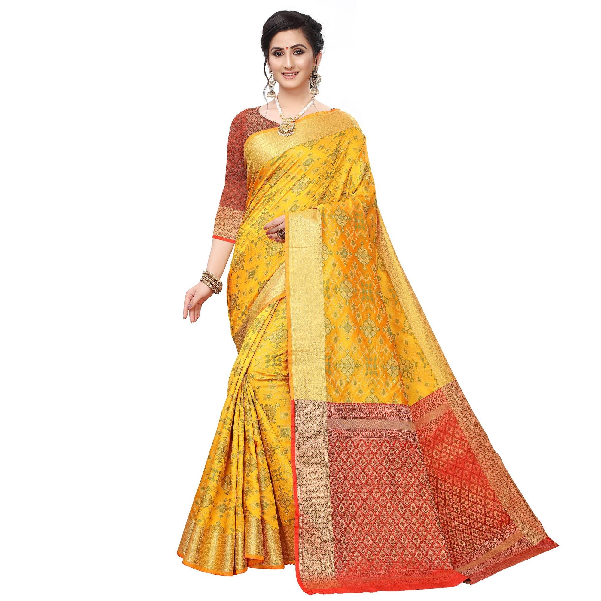 Blissful Yellow Colored Festive Wear Woven Kanjivaram Silk Saree - Peachmode