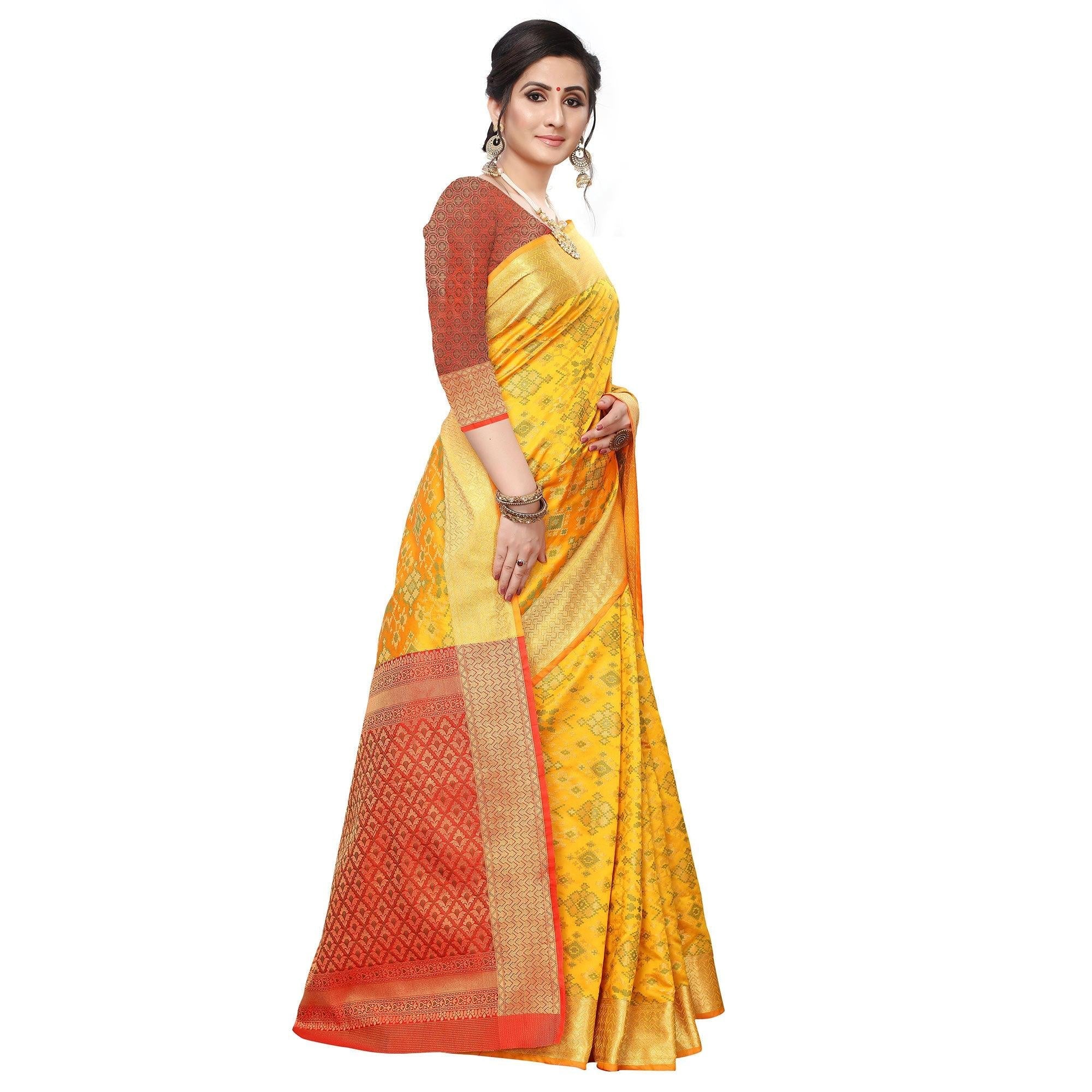 Blissful Yellow Colored Festive Wear Woven Kanjivaram Silk Saree - Peachmode