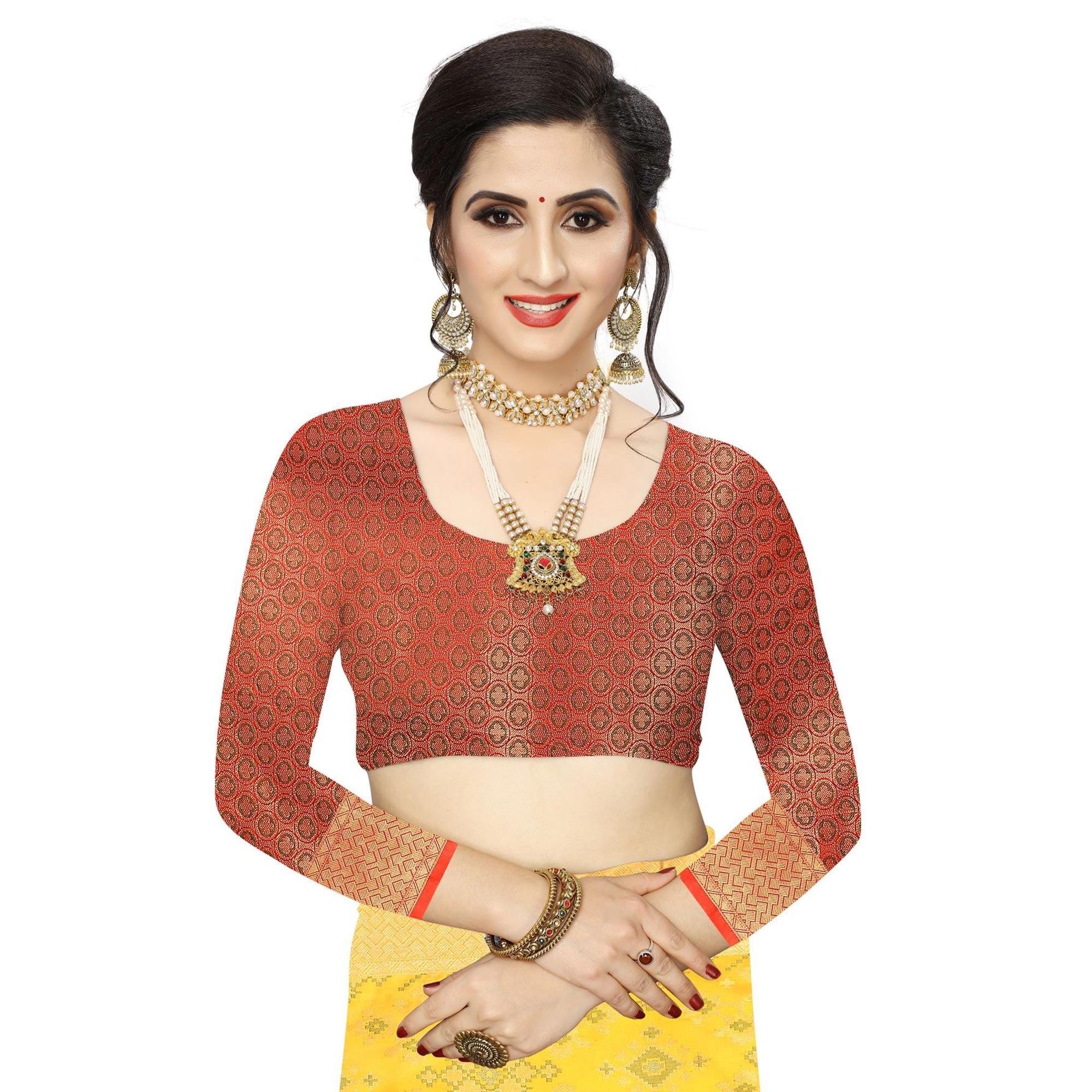 Blissful Yellow Colored Festive Wear Woven Kanjivaram Silk Saree - Peachmode