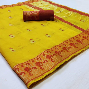 Blissful Yellow Colored Festive Wear Woven Silk Saree - Peachmode