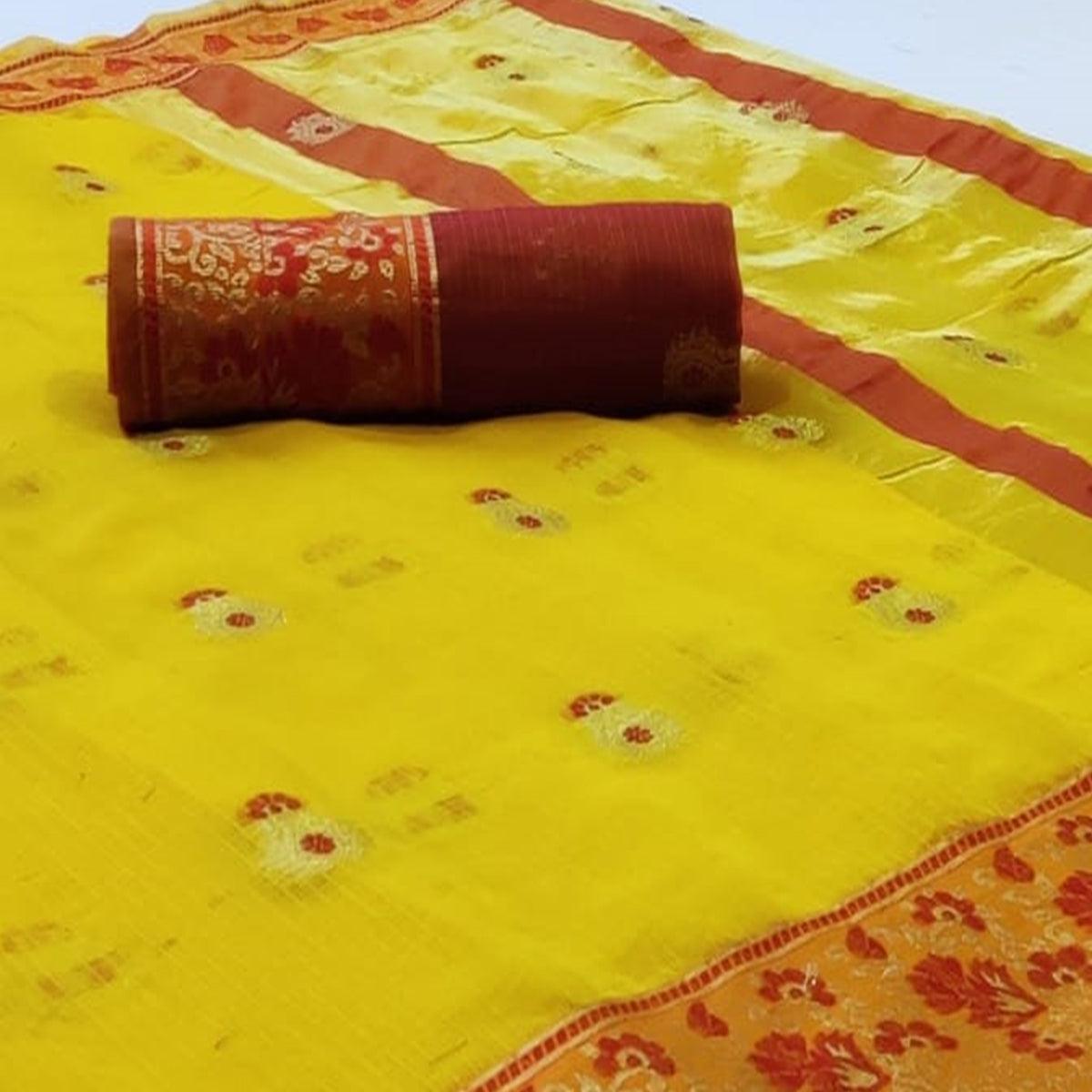 Blissful Yellow Colored Festive Wear Woven Silk Saree - Peachmode
