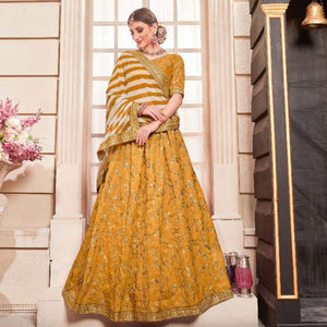 Blissful Yellow Colored Party Wear Embroidered Phantom Art Silk Lehenga Choli - Peachmode